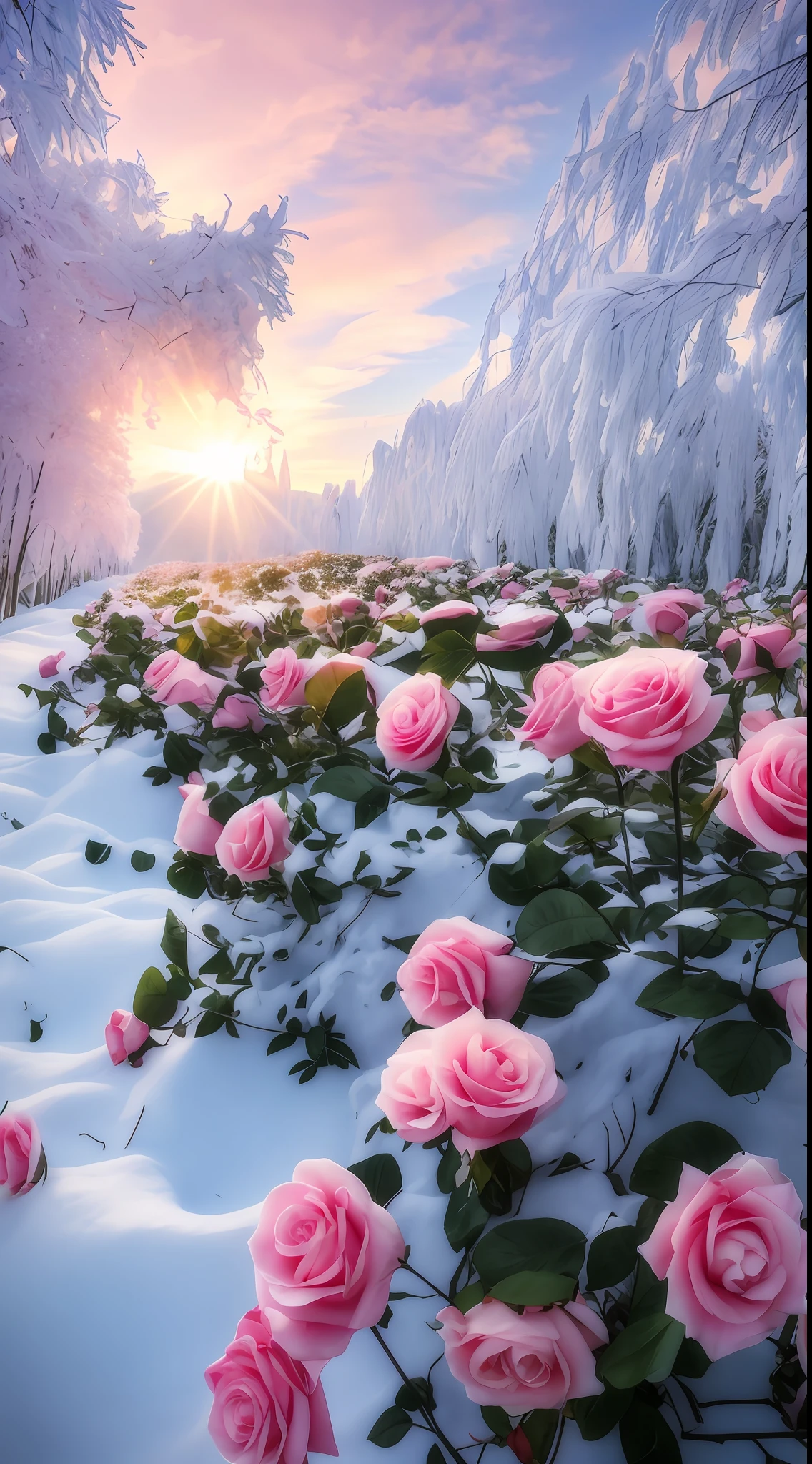 There are a lot of pink roses in the snow on the ground, Really beautiful nature, Beautiful nature, Beautiful photography, with frozen flowers around her, beautiful winter area, big breasts beautiful!, extremely beautiful and ethereal, author：Liang Kai, very beautiful photograph of, national geographic photo”, stunning cinematography, author：Cheng Jiasui, marc adamus, Beautiful flowers, Beautiful random images