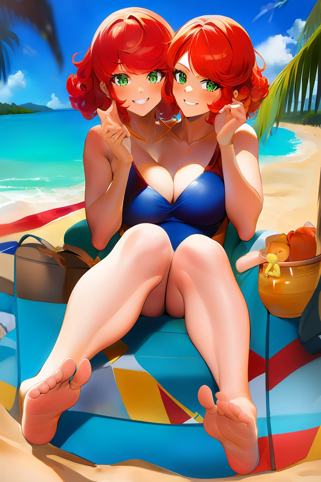 (2heads),masterpiece, best quality, 1girl, red hair, curly hair, short hair, green eyes, yellow swimsuit, smile, sitting, feet up, soles, beach, ocean, sand,