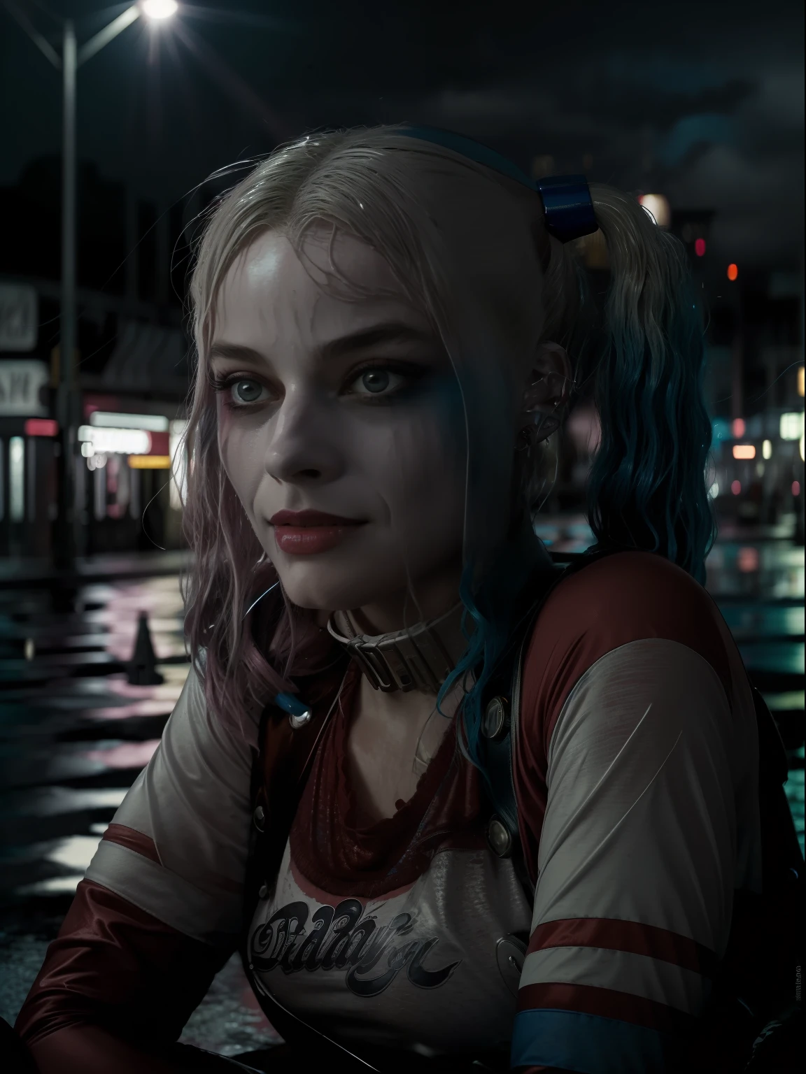 (ultra-realistic realism)(illustratio)(A high resolution)(8K)(extremy detailed)(Most Best Illustration)(beatiful detailed eyes)(best qualtiy)(Hyper-detailing)(tmasterpiece)(the wallpaper)(Detal Face),Solo，one-girl，Harley Quinn, harley quinn film still, Hahari Quinn, Spread your legs, (Elevation viewing angle) , City streets at night，Colored lights，Wet ground， The water reflects the body