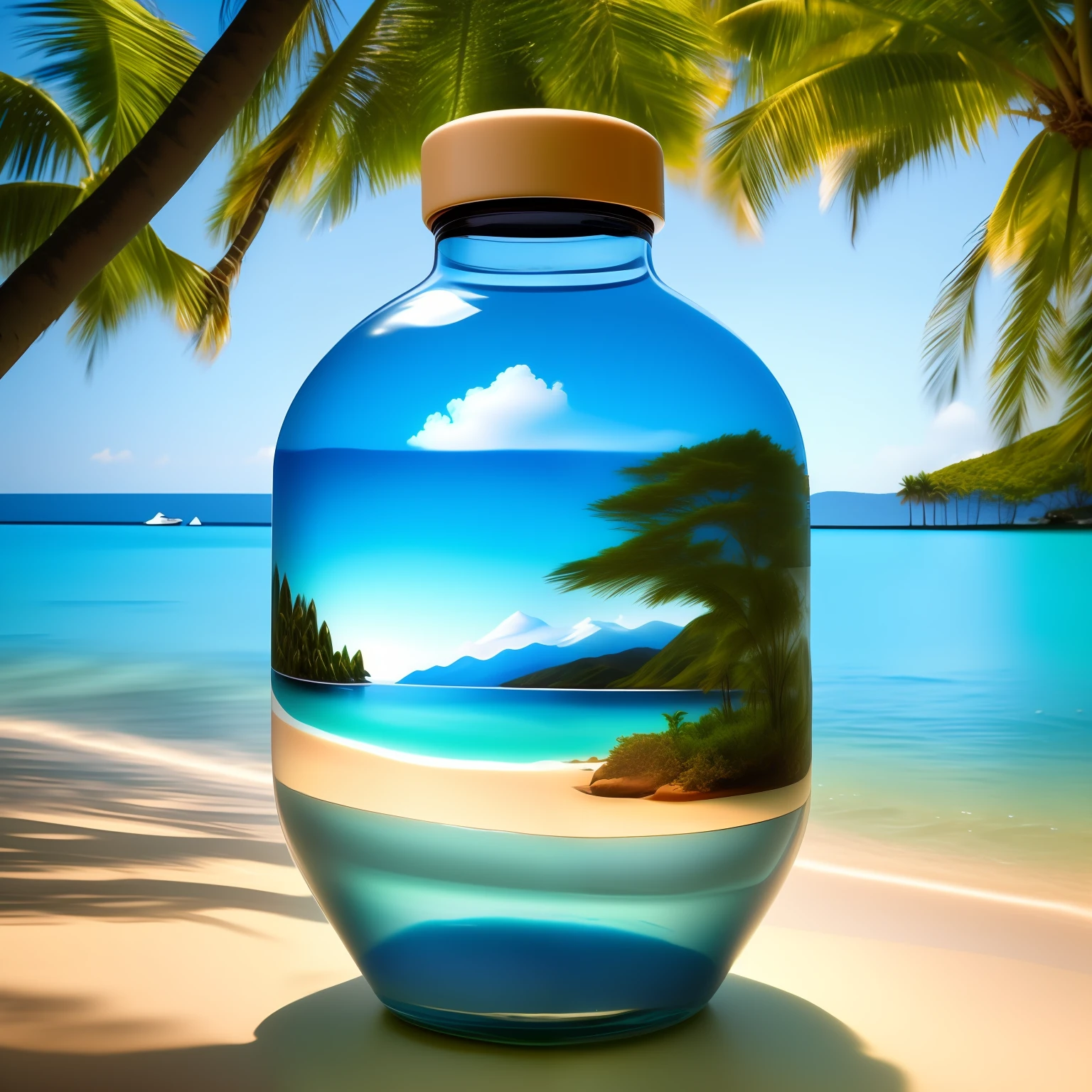 a painting of a beach inside a bottle, in a lagoon with water and trees, Encapsulated
