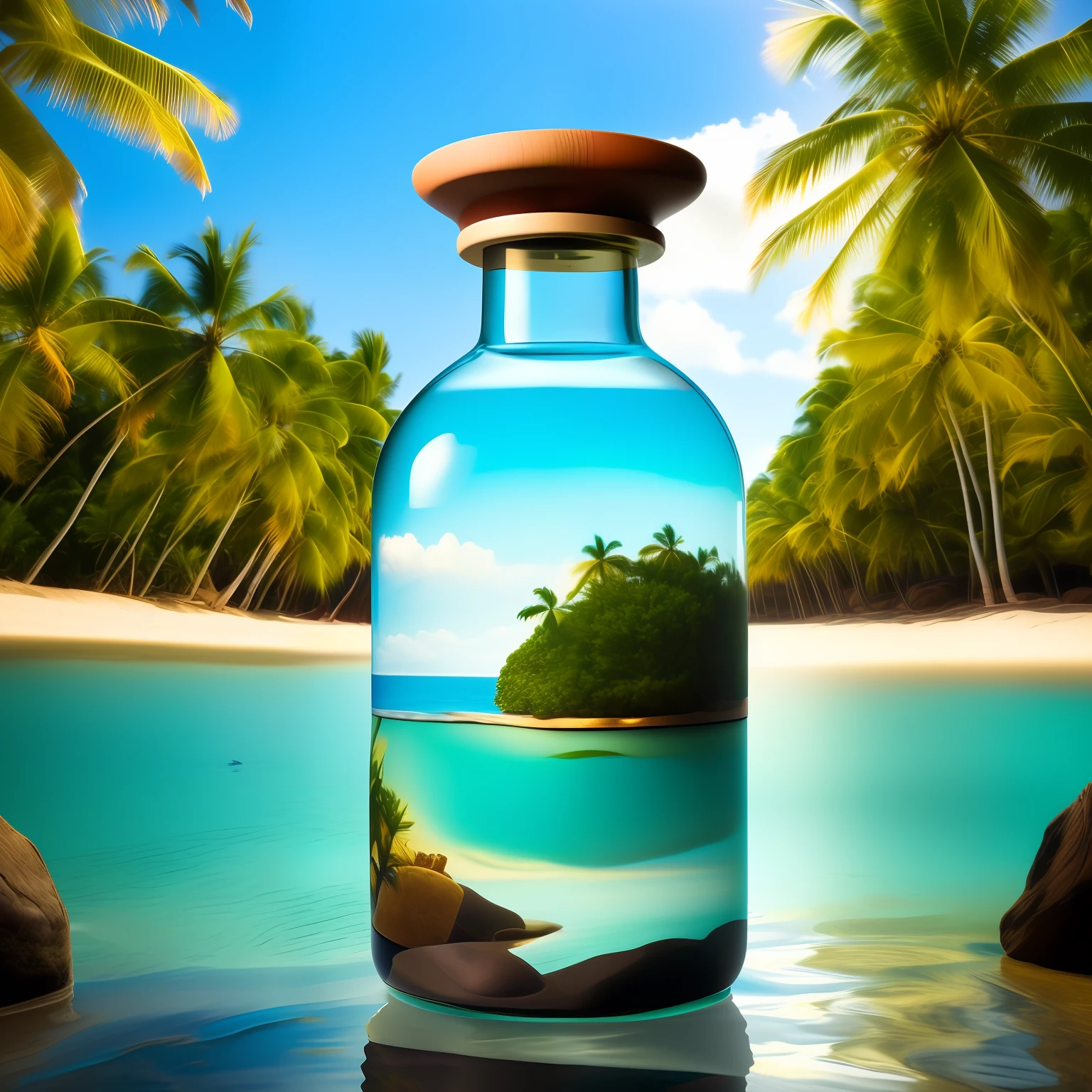 a painting of a beach inside a bottle, in a lagoon with water and trees, Encapsulated