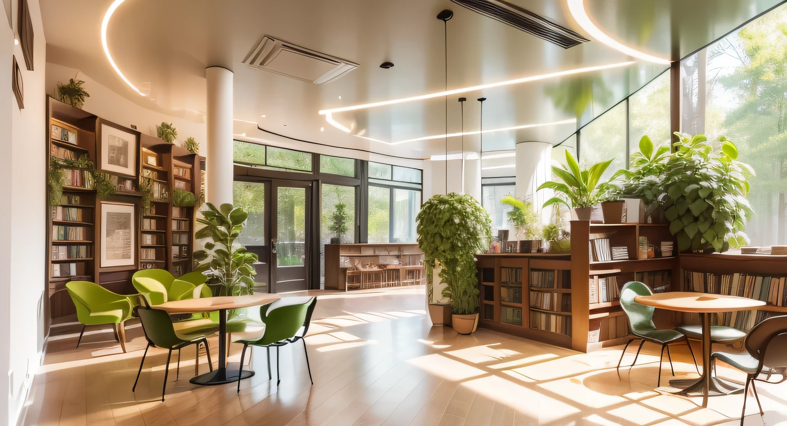 A corner of a coffee shop，Very dark dark green chairs and black brown table，Lots of bookshelves，There are all kinds of books，Pleasant and comfortable environment，It is decorated with greenery，It's like being in the forest