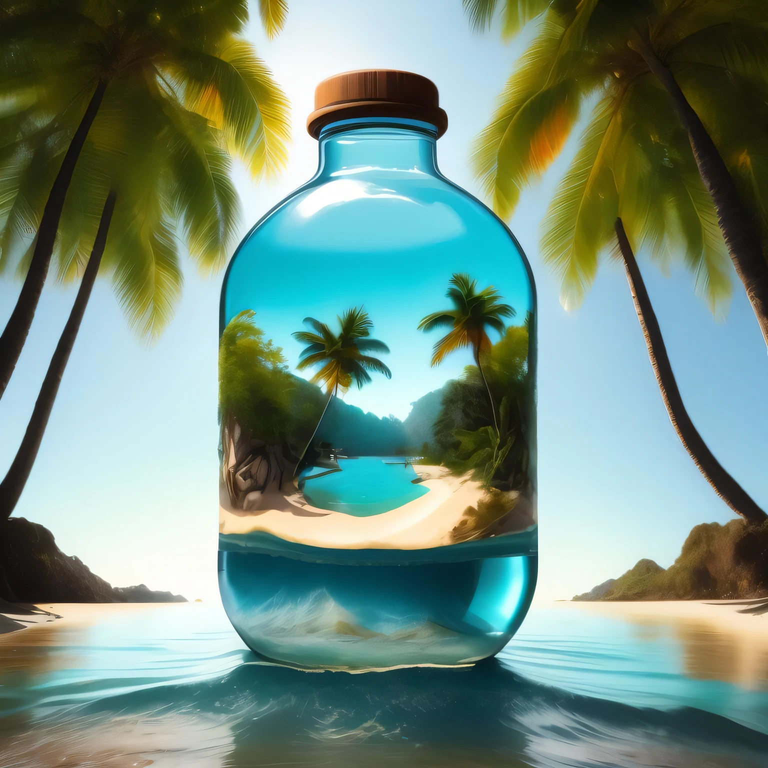 a painting of a beach inside a bottle, in a lagoon with water and trees, Encapsulated