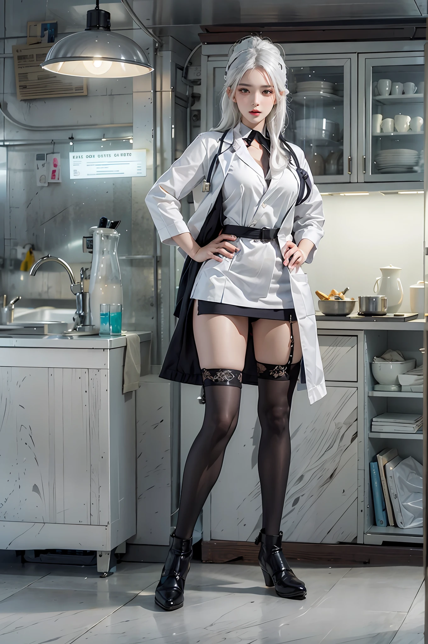 photorealistic, high resolution, 1women, solo, hips up, look at viewer, (detailed face), white hair, long hair, doctor outfit, stockings