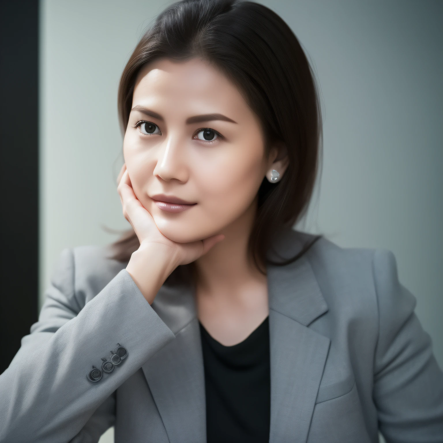 arafed moslem indonesian woman in a gray suit posing for a picture, wearing moslem business suit, moslem woman in business suit, wearing a moslem business suit, girl in suit, well lit professional photo, professional closeup photo, wearing black business suit, female in office dress, girl in a suit, close-up professional portrait, indonesian woman, an asian woman, wearing a strict business suit. (makeup:0.3), full body shot:1.3,bokeh:1.2, indoors, smooth skin, necklace, black_hair, realistic_detailed_skin_texture, good hands, good feet, (8k, RAW photo, best quality, masterpiece:1.2), (realistic, photo-realistic:1.37), ultra high res, photon mapping, radiosity, ((Hasselblad photography)),physically-based rendering, professional soft lighting, light on face