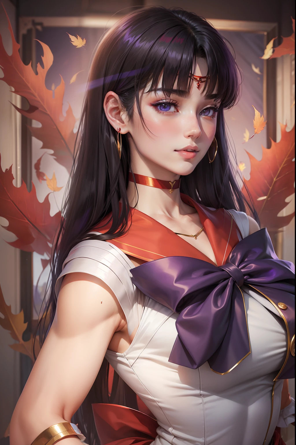 sailor_mars、1boy、shoun、Beautiful Boys、Handsome、genderswap、genderswap_(ftm)、sailor_senshi_uniform、hino_rei、solo、red_sailor_collar、blue_breast_ribbon、autumn_leaves、long_hair、rating:safe、fire、magical_warriors、choker、red_choker、black_hair、leotard、white_dress、white_leotard、maple_leaf、bow、traditional_media、autumn、leaf、marker_(medium)、neck、upper_body、elbow_gloves、makeup、jewelry、circlet、looking_at_viewer、gloves、eyelashes、lips、red_bow、smile、red_skirt、collarbone、bare_shoulder、flat_chest、flat_breasts、purple_bow、bangs、earrings、purple_eyes、black_eyes、multicolored_background