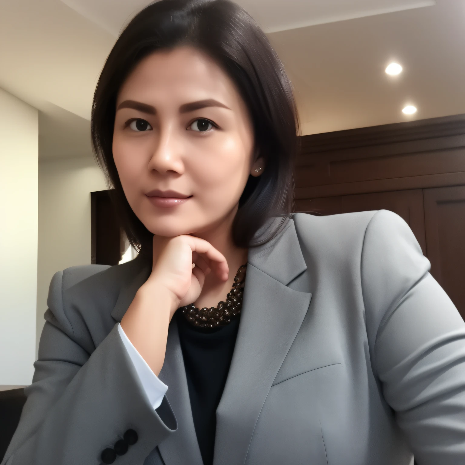 arafed moslem indonesian woman in a gray suit posing for a picture, wearing moslem business suit, moslem woman in business suit, wearing a moslem business suit, girl in suit, well lit professional photo, professional closeup photo, wearing black business suit, female in office dress, girl in a suit, close-up professional portrait, indonesian woman, an asian woman, wearing a strict business suit. (makeup:0.3), full body shot:1.3,bokeh:1.2, indoors, smooth skin, necklace, black_hair, realistic_detailed_skin_texture, good hands, good feet, (8k, RAW photo, best quality, masterpiece:1.2), (realistic, photo-realistic:1.37), ultra high res, photon mapping, radiosity, ((Hasselblad photography)),physically-based rendering, professional soft lighting, light on face