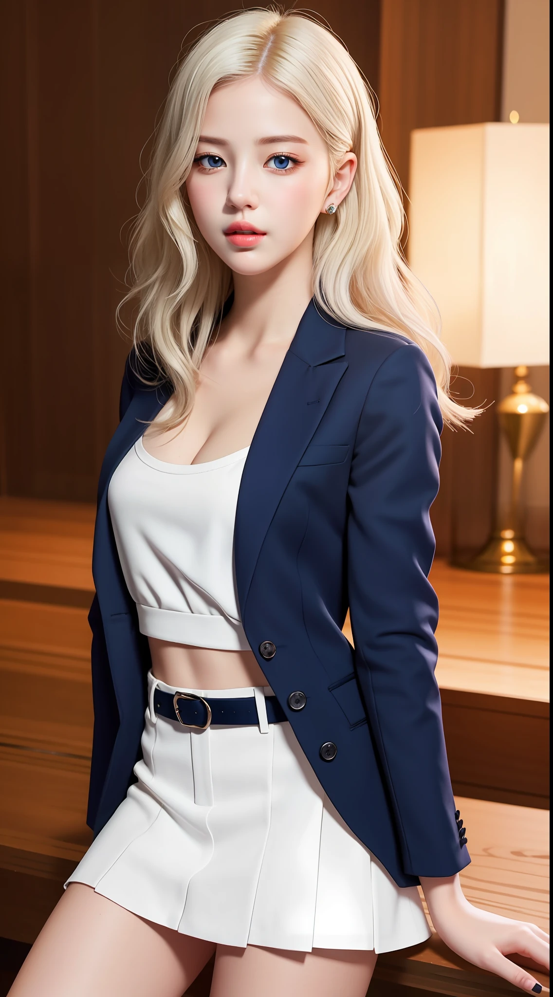 (hyperrealistic), (illustration), (high resolution), (8K), (extremely detailed), (best illustration), (beautiful detailed eyes), (best quality), (ultra-detailed), (masterpiece), (wallpaper), (detailed face), realistic skin, anatomically correct, solo, 1 girl, (wavy white hair:1.2), (beautiful Suzy:1.7), (beautiful cute JAV Idol:1.7), heterochromic eyes, (detailed blue eyes), small moles under the eyes, (big breasts:1.2), navy formal blazer, white shirt, black mini skirt, long legs, tight abs, dynamic pose,