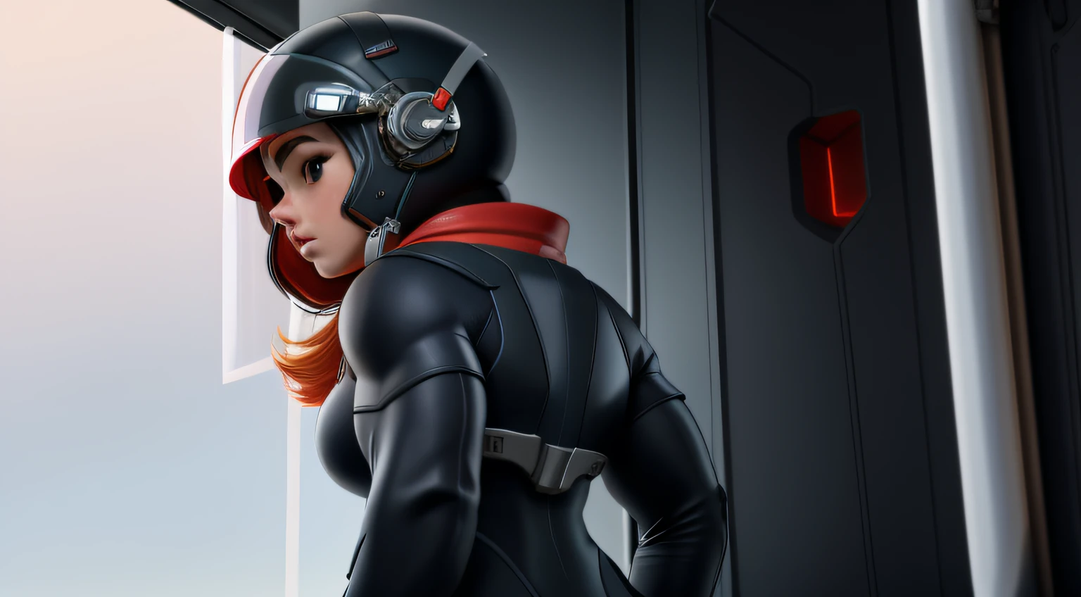 muscle girl, Standing looking out the window, Dentro do Spaceship, astronauta, Full helmet covering head and face, Bodysuit vermelho, from behind, 10meters away,