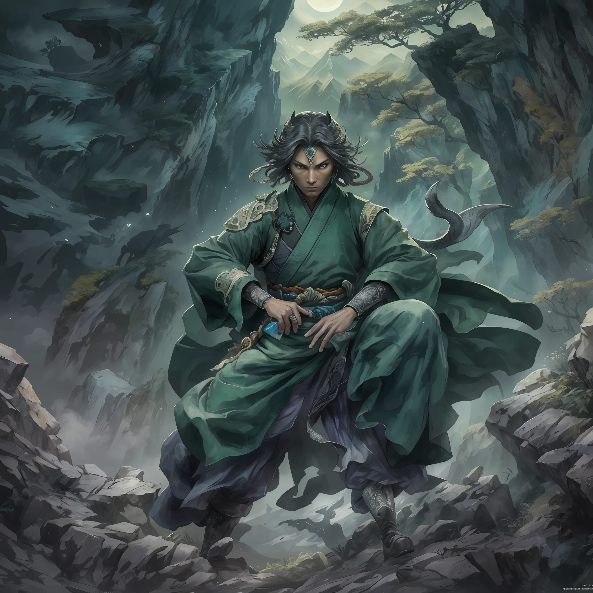 mystic ninja，Detailed face，Detailed eyes，Clear eyes，Gui Zen，Exotic beasts of mountains and seas，Dark green and black details, Loose and thick clothing covers the body，standing on cliff，Bask in the luxury of Yoshitaka Amano in the moonlight，fanciful，sci-fy，the complex background（full bodyesbian），((dynamicposes))，Colorful wallpapers，Highly detailed，Masterpiece，best qualtiy，art stations