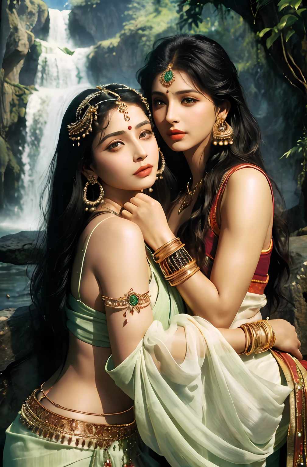 ((realistic:1.5)),((best quality)), ((masterpiece)),((detailed)),2girls,duo,{2 beautiful female}, (upper body:1.3),royal skimpy underwear, hugging and touching each other, teasing her friend's waist, gasping friend, biting her friend's ear lobe, squatting,super-wide-angle lens,face focus, mature,toned muscles,long legs,curvy, barefoot, medium breasts, open cleavage, drooping breasts, thick thighs,wide hips, thin legs, green eyes,long black hair,floting hair,long eyelashes, (detailed face,beautiful eye, detailed pupilss,detailed clothes features, clear background:1.3), (Bindi,Jhumkas:1.3), (Armlet, Haar, Payal,Maang Tikka,Jhumkas,Kamarband,Bangles:1.3), mysterious ancient ruin, lush forests, deep canyons,bridge,river,cliff,cloud,lakes,rock,waterfalls, flowers, grass,vine,tree,bright details,sharp,perfect composistion, Intricate, Sharp focus, dramatic, by Frank Frazetta,by Julie Bell,by Olivia De Berardinis,by Luis Royo,by boris vallejo,