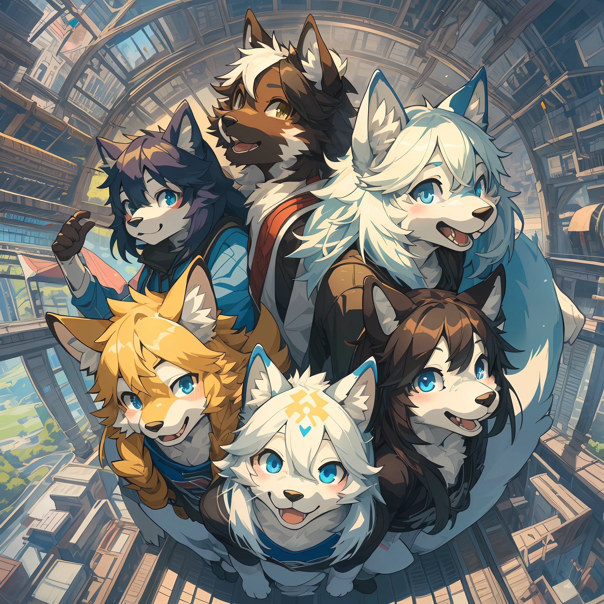 dynamic angle, top quality, best quality, High-quality illustrations, masterpiece, super high resolution, detailed background, detailed background, Back to the Future, group shot:0.1, 6+boys, 6+girls, Happy, joyful, absurdres(highly detailed beautiful face and eyes)perfect anatomy(kemono, furry anthro),