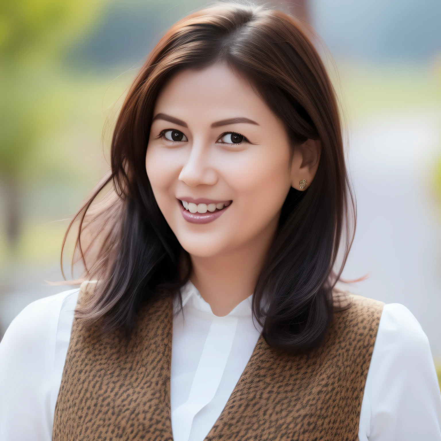 generate an AI presenter. Beautiful woman with beautiful smile with crooked teeth in the upper right canines and dimple. Wearing office dress and straight and curly on edge hair. Half size body staring camera. realistic avatar. high resolution 8k. bokeh. Bright face. Lighting on face. smooth skin. black hair, with blush face,