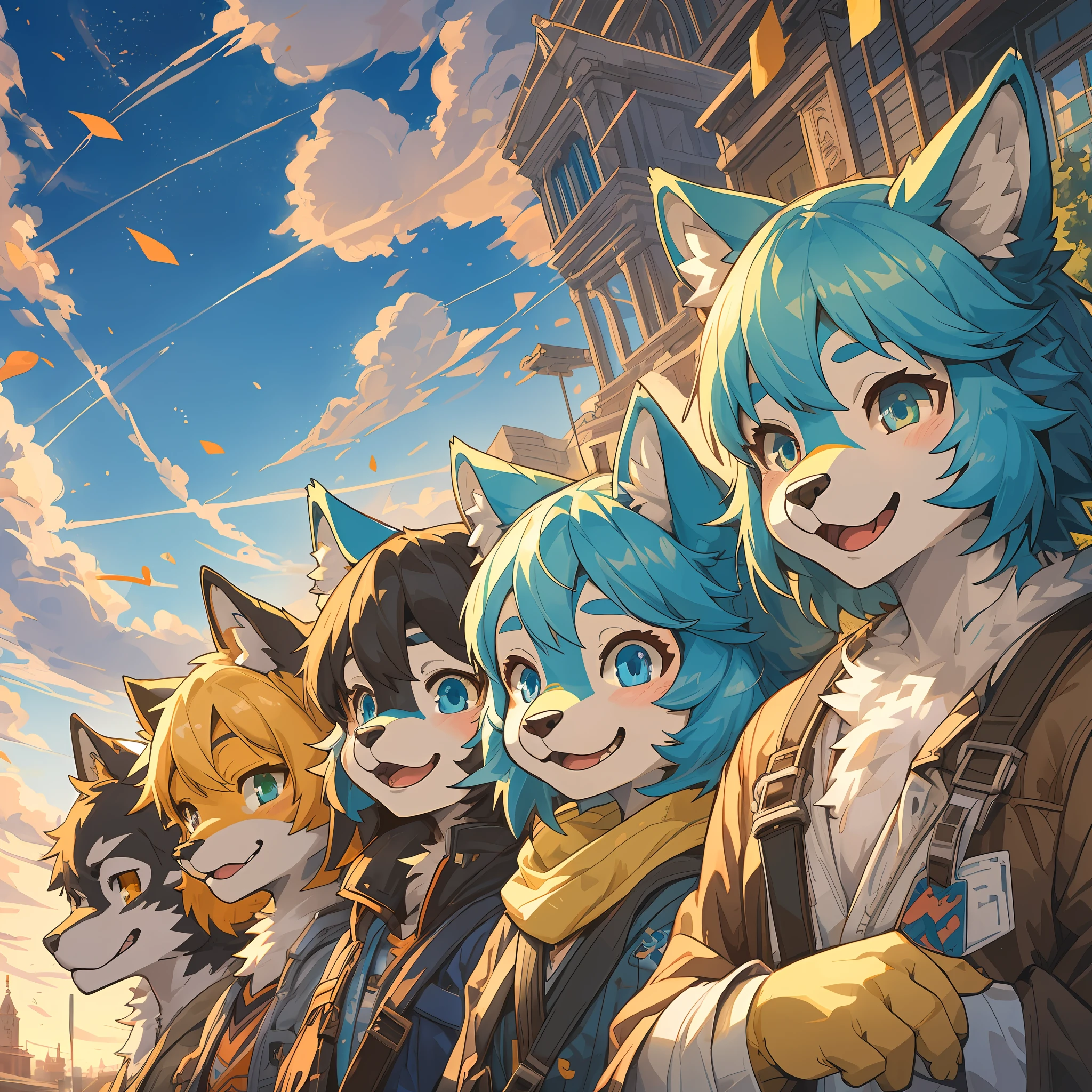 dynamic angle, top quality, best quality, High-quality illustrations, masterpiece, super high resolution, detailed background, detailed background, Back to the Future, group shot:0.1, 6+boys, 6+girls, Happy, joyful, absurdres(highly detailed beautiful face and eyes)perfect anatomy(kemono, furry anthro),