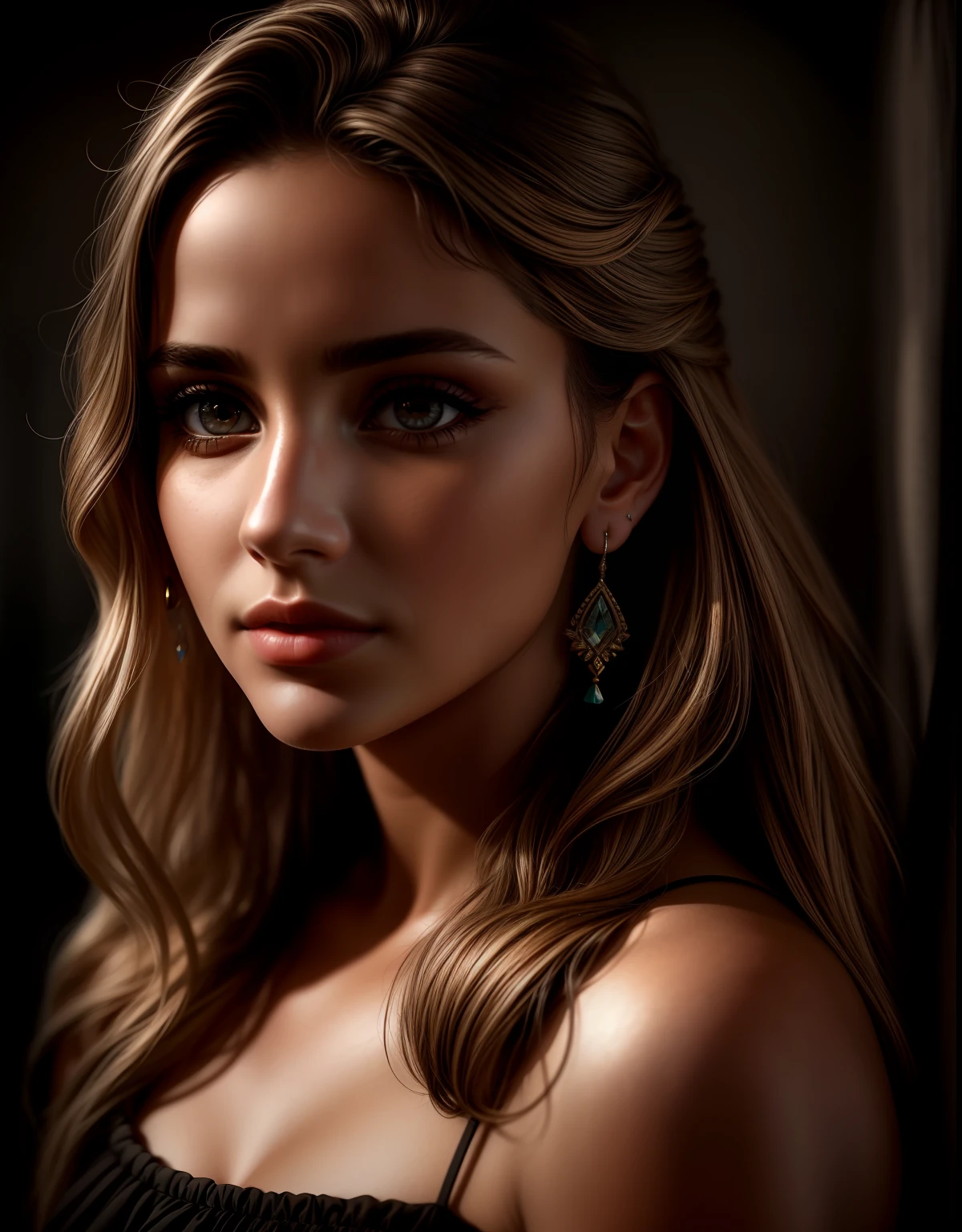 Masterpiece, absurdres,award winning photo, extremely detailed, amazing, fine detail, extremely detailed eyes and face, by lee jeffries nikon d850 film stock photograph 4 kodak portra 400 camera f1.6 lens rich colors hyper realistic lifelike texture dramatic lighting unrealengine trending on artstation cinestill 800 tungsten, beautiful esd_woman, a woman with long hair and earrings posing for a picture ,perfect esd_face, perfect esd_body