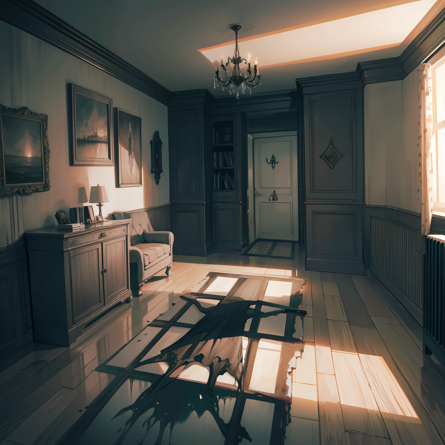 ((Horror room landscape illustration)), masuter piece, best quality, ultra-detalhada, hyper realistic, 16k resolution, quarto escuro, Water spills on the ground、There is a figure in the back of the room..