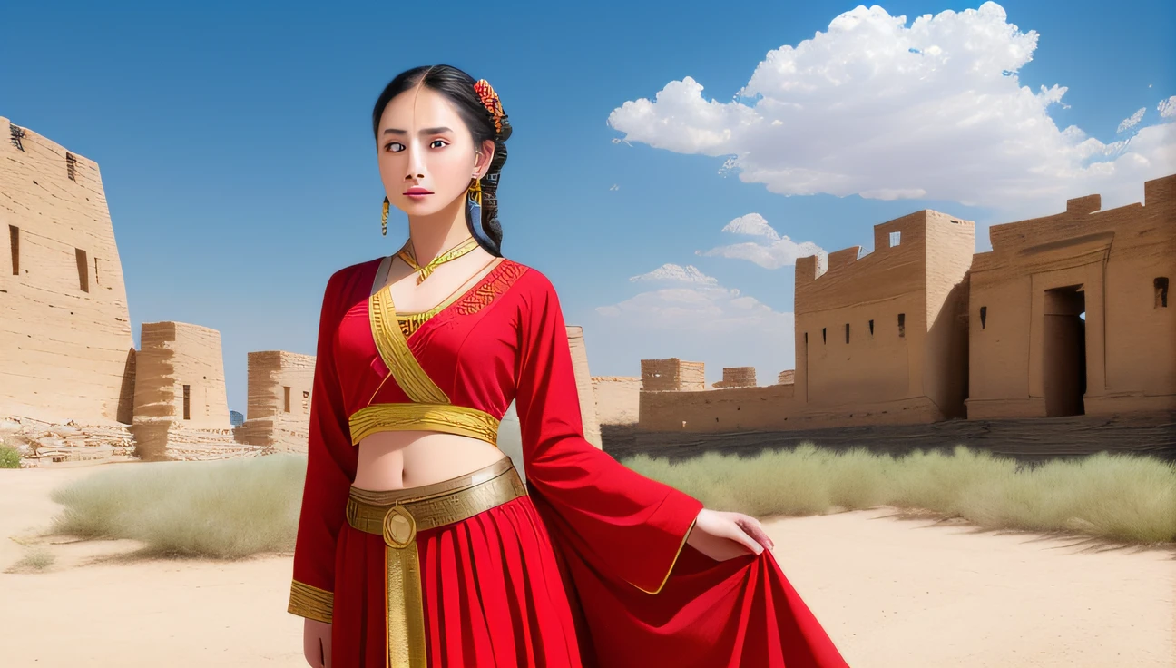 (8k, RAW photo, best quality, masterpiece:1.2), (realistic, photo-realistic:1.4), (extremely detailed CG unity 8k wallpaper), (1 girl:1.5), Western beauty, (Red clothes: 1.4), red spots on forehead, pale skin, blush, big eyes, full body, thighs, open navel, gold waist chain, gold jewelry, flying ribbons, particles, background is Loulan ancient city, ancient city wall, desert, dance, dunhuang_dress, dunhuang_style,