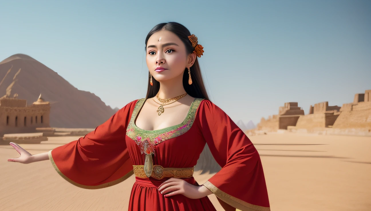 (8k, RAW photo, best quality, masterpiece:1.2), (realistic, photo-realistic:1.4), (extremely detailed CG unity 8k wallpaper), (1 girl:1.5), Western beauty, (Red clothes: 1.4), red spots on forehead, pale skin, blush, big eyes, full body, thighs, open navel, gold waist chain, gold jewelry, flying ribbons, particles, background is Loulan ancient city, ancient city wall, desert, dance, dunhuang_dress, dunhuang_style,