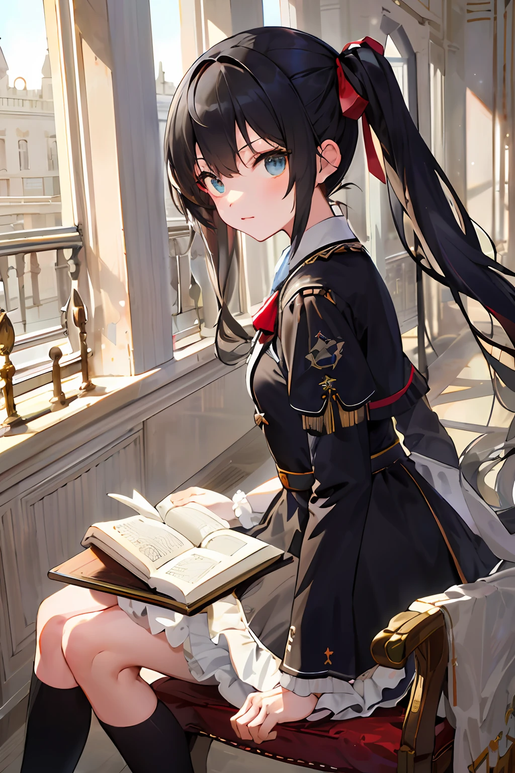 Anime girl sitting on table，Hold laptop and clock, from girls frontline, azur lane style, Fine details. Girl Front, loli in dress, Kantai collection style, girls frontline style, seductive anime girls, small curvaceous loli, A scene from the《azur lane》videogame, beautiful anime girl crouching, at pixiv, Surrealism female students