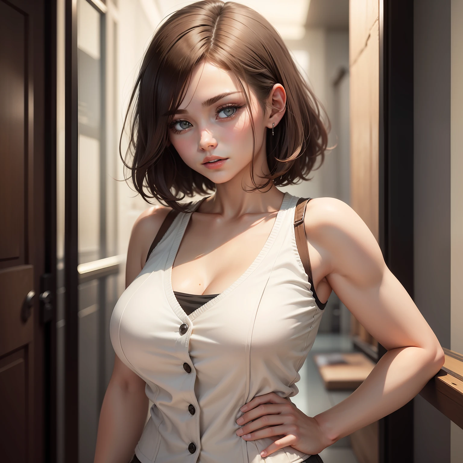 brunette color hair，whiteskin，short detailed hair，White vest，female