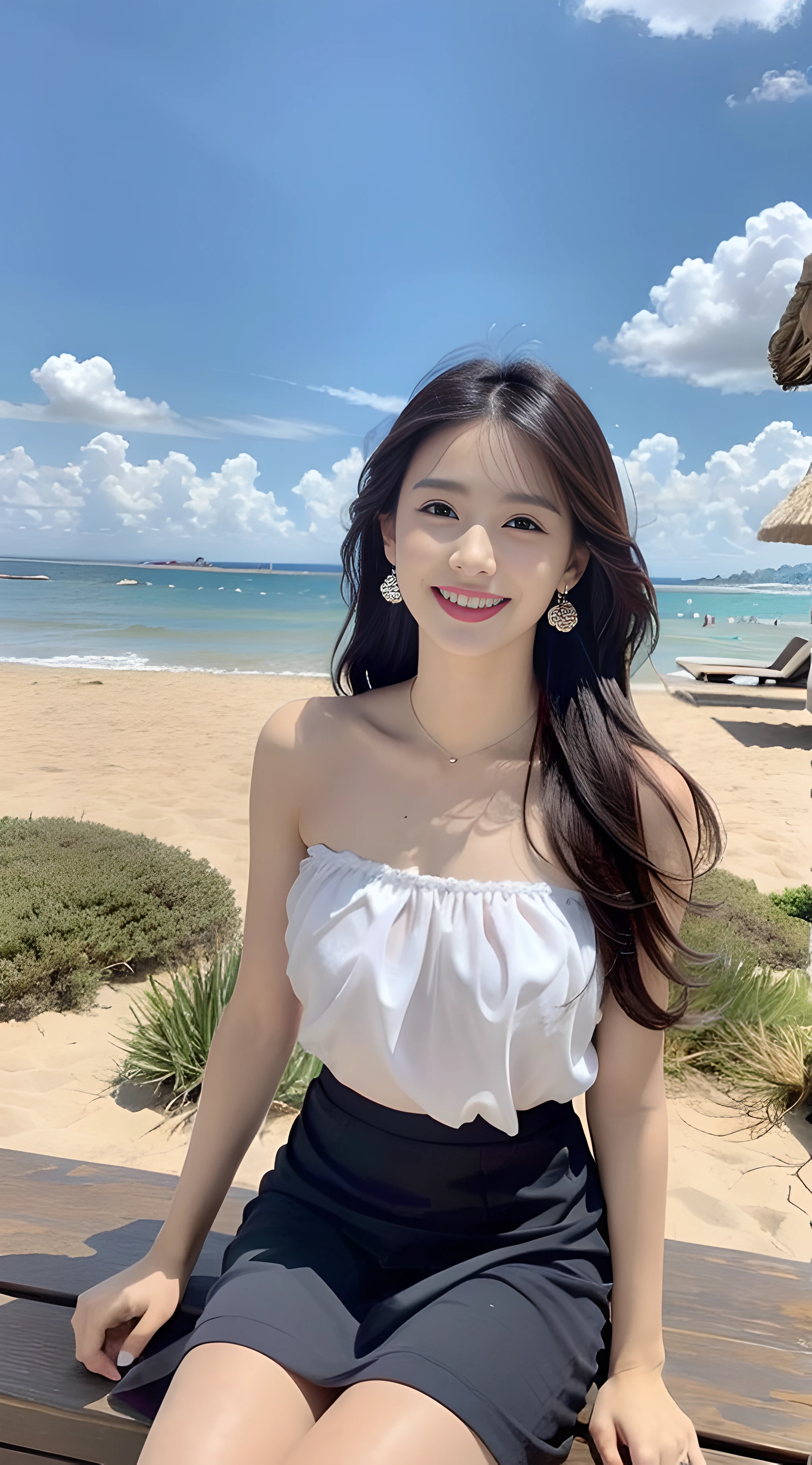 A young and beautiful,Beautiful cute girl,half-body photo。Extremely beautiful and delicate,Black color hair,A sweet smile,(Delicate and beautiful fair skin),Realistic and realistic,exquisite and complete facial features,Detailed depiction of the face,tall nose bridge,Smooth hair,extremely detail hair,Feminine temperament,with a well-proportioned body,Realiy,White teeth,Tied up with hair,Hyper-realism,sandals,Extreme picture quality,Highest precision,Precise and perfect human anatomy。with blue sky and white clouds,with blue sky and white clouds,rays of sunshine,(Chiffon skirt)(telephoto shot,)Express the landscape,Highlight portrait。Sitting on the beach by the sea。Wearing earrings,Sideways photo