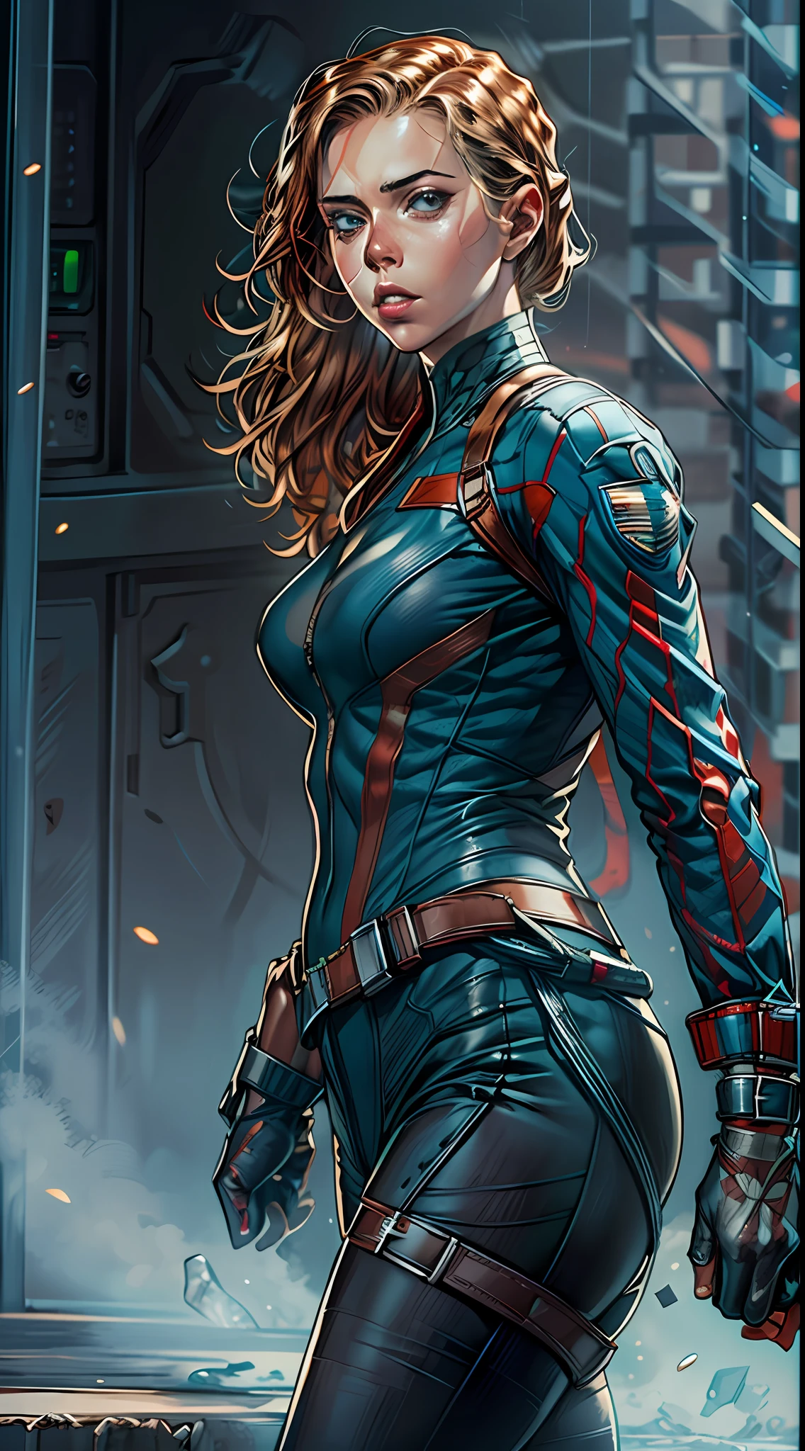 (RAW Photo, Best Quality), (Realistic, Photorealistic Photo: 1.3), Best Quality, Highly Detailed, Masterpiece, Ultra Detailed, Illustration, marvel cinematic universe, marvel, Captain America + Black Widow unique combination, Scarlett Johansson, Beautiful Natasha Romanova in captain america's blue and white colored costume without helmet of captain America, upper body, high detail on dress, Best Quality, Extremely Detailed CG Unified 8k Wallpaper, Ink, Amazing, badass look, portrait, close up (skin texture), intricately detailed, fine details, hyperdetailed.