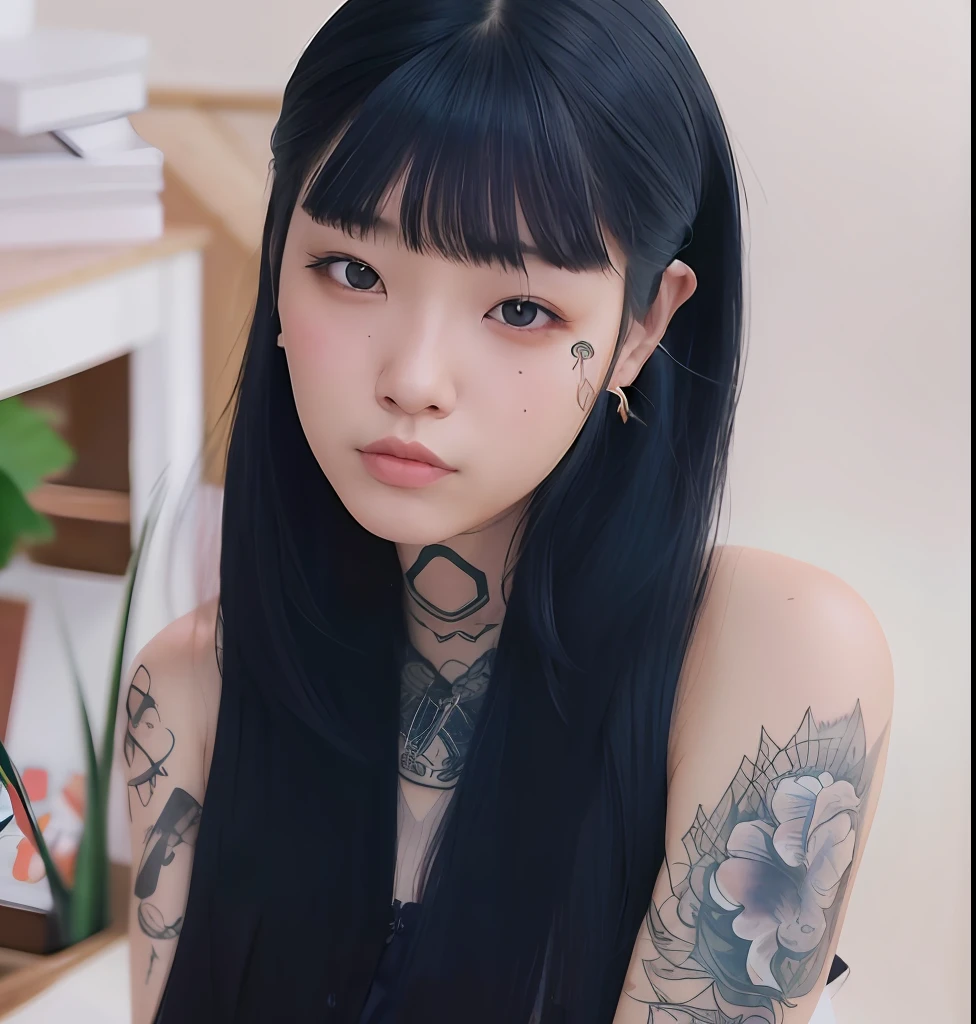 mulher arafed com longos cabelos pretos e tatuagens no peito, de taiwanesa com tatuagens, cabelo preto longo com franja, Ela tem cabelo preto com franja, preto hime corte cabelo, cabelos escuros longos com franja, cabelo blackbangs cabelo, Sui Ishida com cabelo preto, franja preta, cabelos pretos longos e finos, cabelos longos com franja, asian features