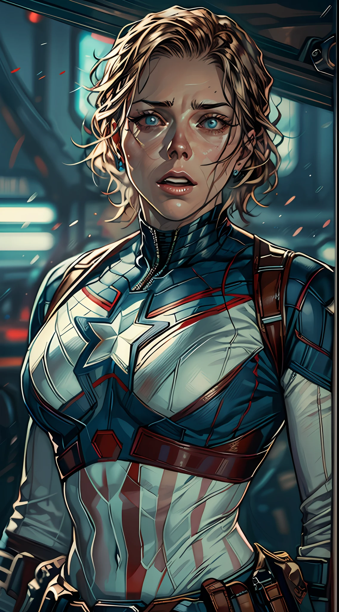 (RAW Photo, Best Quality), (Realistic, Photorealistic Photo: 1.3), Best Quality, Highly Detailed, Masterpiece, Ultra Detailed, Illustration, marvel cinematic universe, marvel, Captain America + Black Widow unique combination, Scarlett Johansson, Beautiful Natasha Romanova in captain america's blue and white colored costume without helmet of captain America, upper body, high detail on dress, Best Quality, Extremely Detailed CG Unified 8k Wallpaper, Ink, Amazing, badass look, portrait, close up (skin texture), intricately detailed, fine details, hyperdetailed.