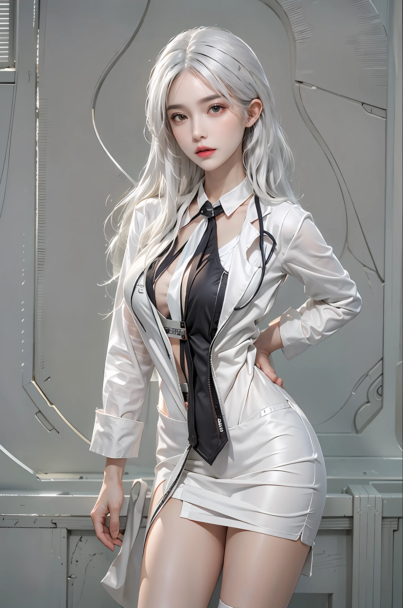 photorealistic, high resolution, 1women, solo, hips up, look at viewer, (detailed face), white hair, long hair, doctor outfit, stockings