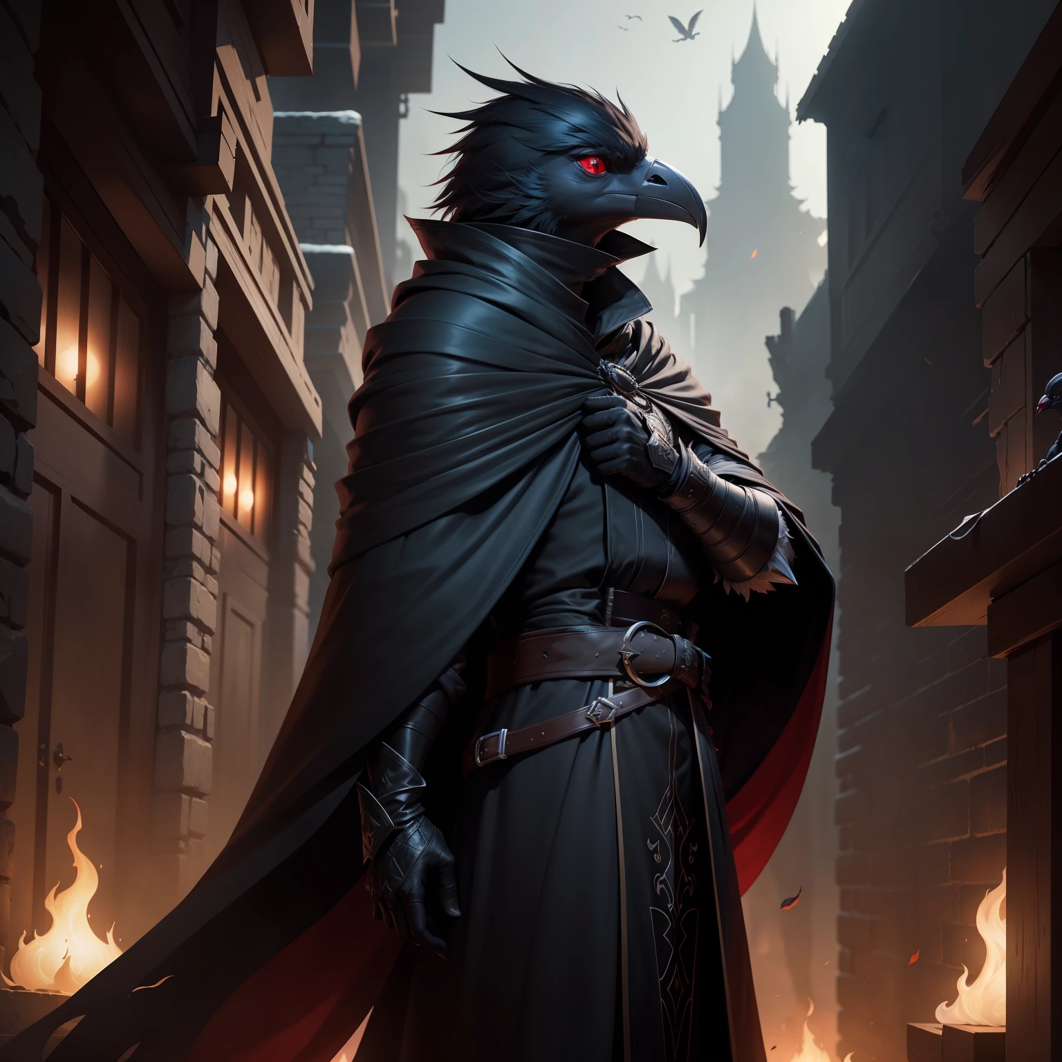 "A stylish and mysterious male kenku rogue with sleek black feathers adorned in a sleek black robe featuring striking red lining. Epic D&D vibes meet stunning 4k resolution in an awe-inspiring background."
