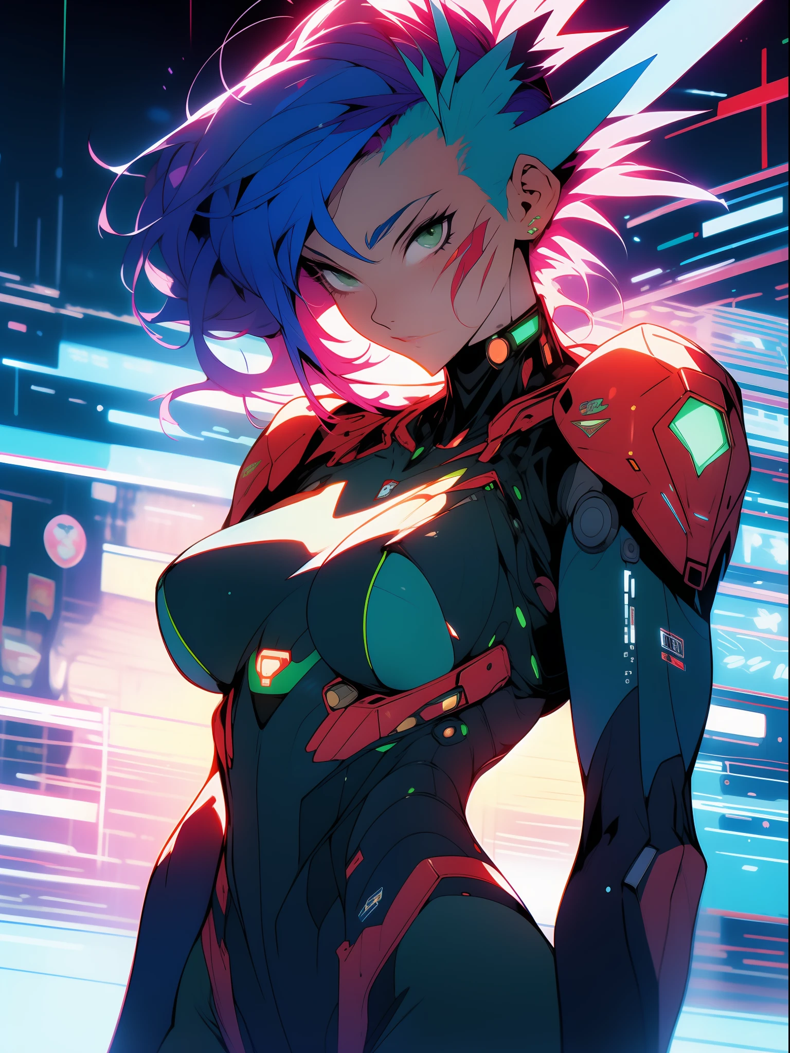 ((Best quality)), ((masterpiece)), (detailed: 1.4), (Nonsense), Tank pilot woman ready for war, shiny skin, perfect body, defined muscles, half thick bare thighs, closed mouth, only in panties, include stars in clothing, muscular body covered by technological clothing, Neon Genesis Evangelion style and Honor Impact, cyberpunk, generous neckline, ((perfect large breasts)), (green eyes without pupils),  ((clothing only in white and red colors)), (((short mohawk blue hair)))), (thin stripes covering breasts), (Psychedelic tattoo on arms), ((circuit drawings)), short underwear, garter belt, by mucha, niji --V5, close to real, psychopath, crazy face, sexy pose, background with a giant Gundam style robot head, 2 piece clothing, fractal shoulder pads,  pastel, centered, scale to fit dimensions, HDR (High Dynamic Range),Ray Tracing,NVIDIA RTX,Super-Resolution,Unreal 5,Subsurface dispersion, PBR texture, Post-processing, Anisotropic filtering, Depth of field, Maximum clarity and sharpness, Multilayer textures, Albedo and specular maps, Surface shading, Accurate simulation of light-material interaction, Perfect proportions, Octane Render, Two-tone lighting, Wide aperture,  Low ISO, White balance, Rule of thirds, 8K RAW, crysisnanosuit