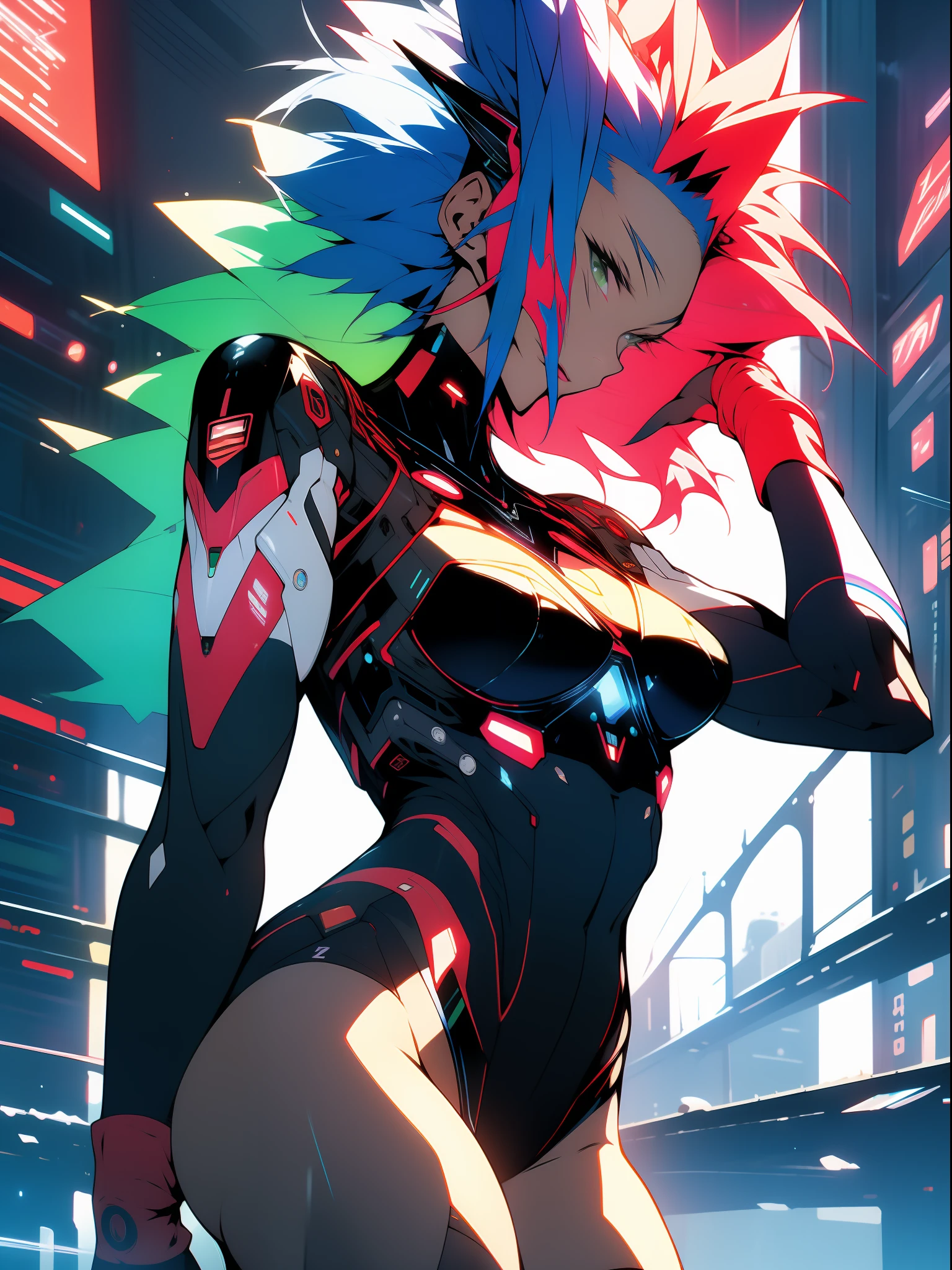 ((Best quality)), ((masterpiece)), (detailed: 1.4), (Nonsense), Tank pilot woman ready for war, shiny skin, perfect body, defined muscles, half thick bare thighs, closed mouth, only in panties, include stars in clothing, muscular body covered by technological clothing, Neon Genesis Evangelion style and Honor Impact, cyberpunk, generous neckline, ((perfect large breasts)), (green eyes without pupils), ((clothing only in white and red colors)), (((short mohawk blue hair)))), (thin stripes covering breasts), (Psychedelic tattoo on arms), ((circuit drawings)), short underwear, garter belt, by mucha, niji --V5, close to real, psychopath, crazy face, sexy pose, background with a giant Gundam style robot head, 2 piece clothing, fractal shoulder pads, pastel, centered, scale to fit dimensions, HDR (High Dynamic Range),Ray Tracing,NVIDIA RTX,Super-Resolution,Unreal 5,Subsurface dispersion, PBR texture, Post-processing, Anisotropic filtering, Depth of field, Maximum clarity and sharpness, Multilayer textures, Albedo and specular maps, Surface shading, Accurate simulation of light-material interaction, Perfect proportions, Octane Render, Two-tone lighting, Wide aperture, Low ISO, White balance, Rule of thirds, 8K RAW, crysisnanosuit