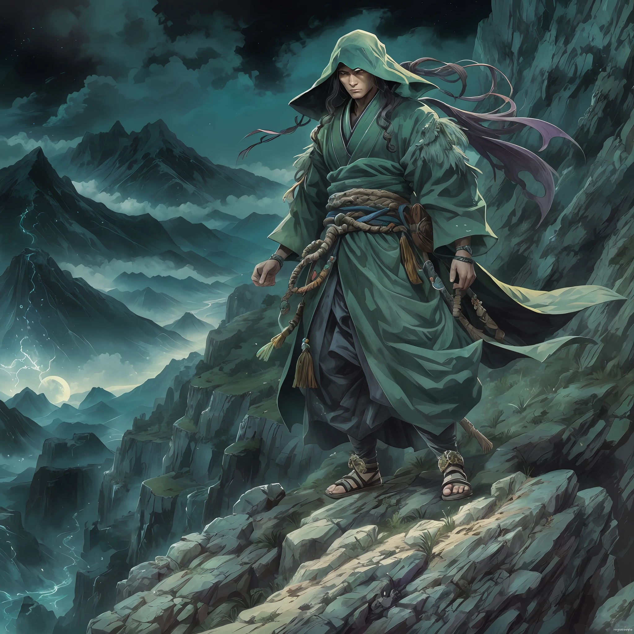 mystic ninja，Detailed face，Detailed eyes，Clear eyes，Gui Zen，Exotic beasts of mountains and seas，Dark green and black details, Loose and thick clothing covers the body，standing on cliff，Bask in the luxury of Yoshitaka Amano in the moonlight，fanciful，sci-fy，the complex background（full bodyesbian），((dynamicposes))，Colorful wallpapers，Highly detailed，Masterpiece，best qualtiy，art  stations