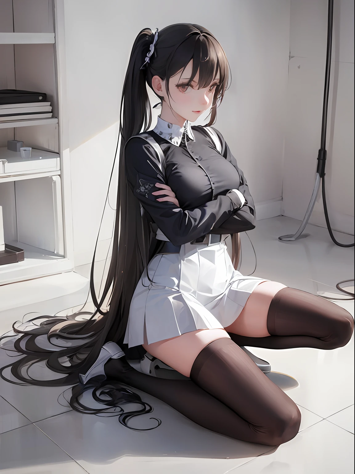 ((masterpiece, best_quality)), 1girl, (photorealistic:1.4),  solo, white_background, black_hair, long_hair,   zettai_ryouiki, skirt, ((full_body)),