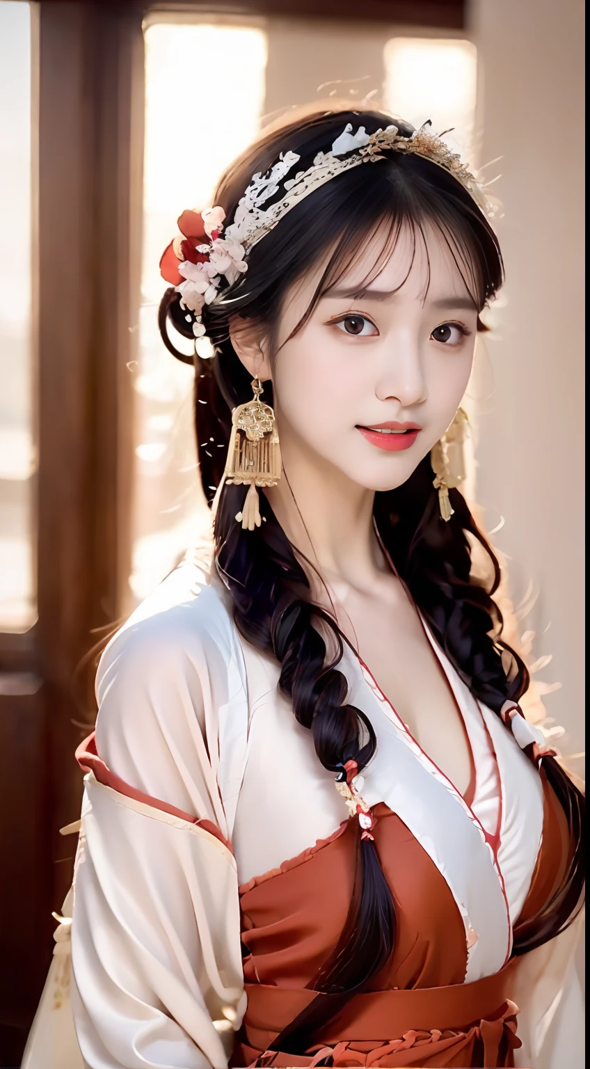 A woman dressed in red, with a hairpin on her head, sitting, large breasts, exposed breasts seen from below, gold crown, girl, Chinese style, artist, black hair, raindrops, Chinese clothes, clothes, earrings, hair accessories, (Hanfu :1.4), interior, jewelry, lips, lipstick, long sleeves, makeup, red clothes, red lips, solo, fringe, window, wisteria, Masterpiece, Best quality, official art, very detailed CG unified 8k wallpaper, (Hairpin :1.4), (Headband :1.4).