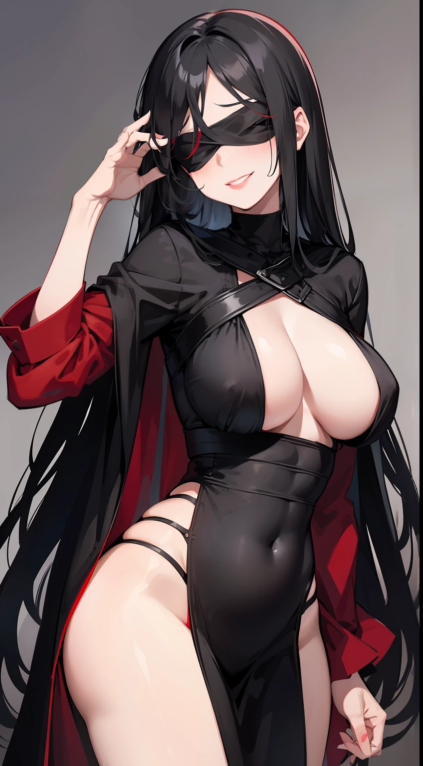 Adult woman, Long black hair, covered eyes, blindfold, Rich red dress, open breasts, open belly, erotic posture, red lipstick, smirk, Masterpiece, hiquality