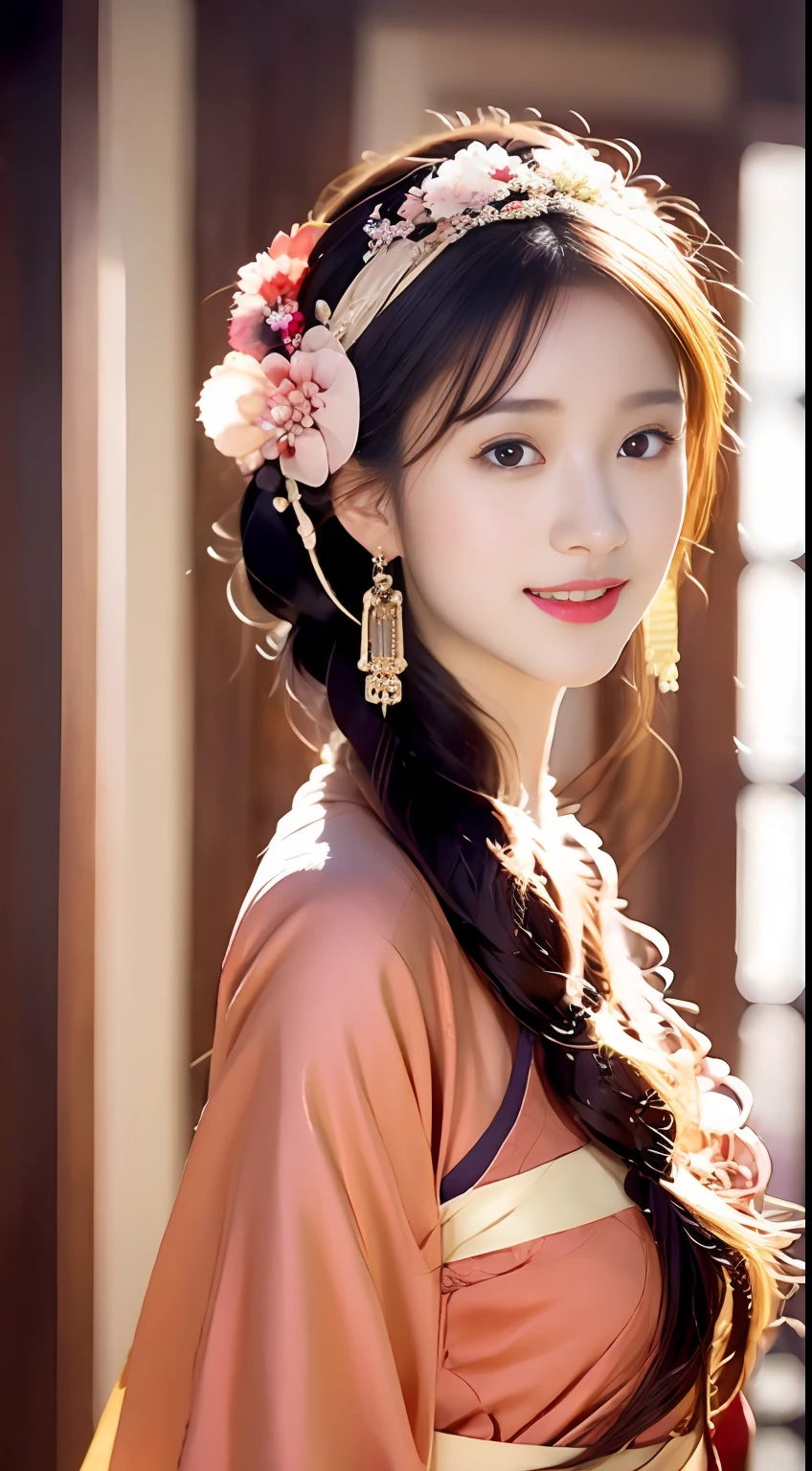A woman dressed in red, with a hairpin on her head, sitting, large breasts, exposed breasts seen from below, gold crown, girl, Chinese style, artist, black hair, raindrops, Chinese clothes, clothes, earrings, hair accessories, (Hanfu :1.4), interior, jewelry, lips, lipstick, long sleeves, makeup, red clothes, red lips, solo, fringe, window, wisteria, Masterpiece, Best quality, official art, very detailed CG unified 8k wallpaper, (Hairpin :1.4), (Headband :1.4).