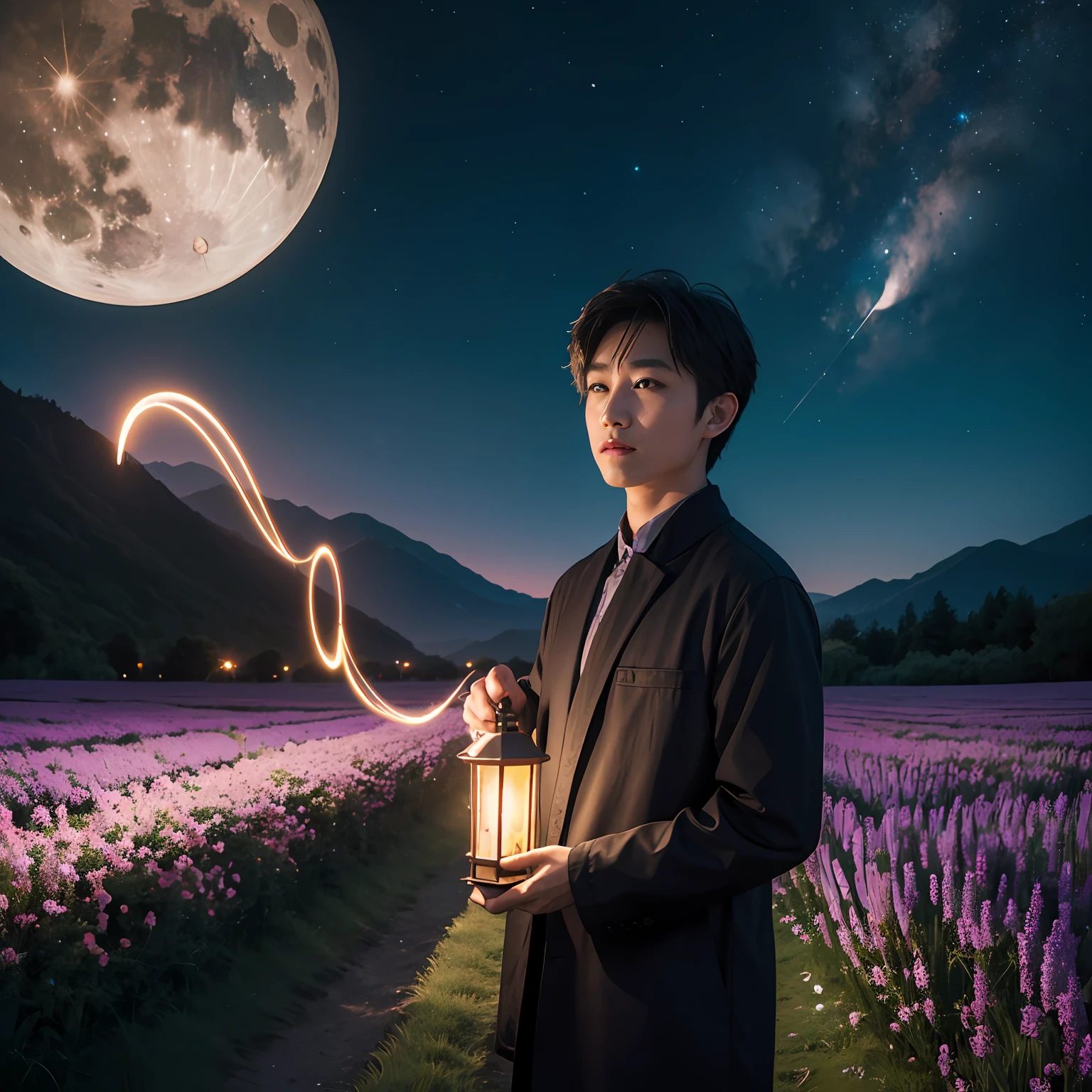 Expansive landscape photograph，（look from down，Above is the sky，There is a Chinese dragon in the sky and open mountains and waters below），A boy standing on a flower field looking up，（moon full：1.2），（meteors：0.9），（Starcloud：1.3），Far Mountain, Tree BREAK making art，（Warm light source：1.2），（glowworm：1.2），lamp lights，Lots of purple and orange，Complicated details，Volumetric lighting BREAK（tmasterpiece：1.2），（best qualtiy），4k，ultra - detailed，（dynamic compositions：1.4），detail-rich，plethora of colors，（Irridescent color：1.2），（with light glowing，Atmospheric lighting），dream magical，magical，（独奏：1.2）