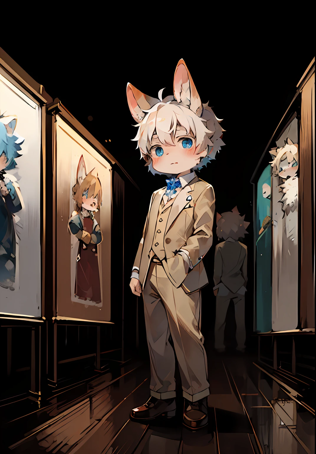masterpiece,high quality,abstract res,digital painting\(artwork\), by dagasi, yupa,kiyosan,short hair,portrait,character chart,独奏, shaggy, shaggy male, malefocus, anthr, Rabbit ears, Pale skin, Brown suit,blue color eyes,Furry, White fur