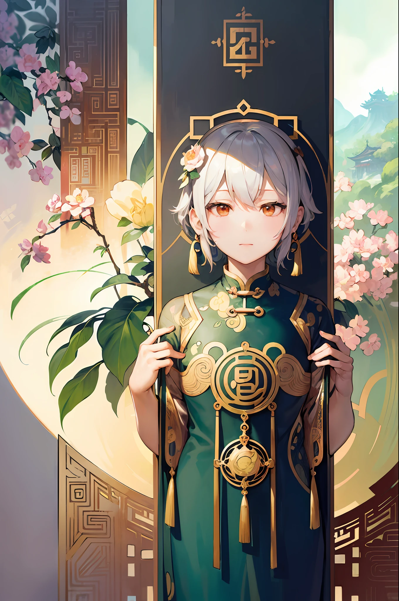 Anthropomorphism of oolong tea、Chinese Garden Frame、Decorative panel、abstract art、By Alphonse Mucha (masterpiece、top-quality、hight resolution: 1.4)、More about realism、intricate-detail、4K、color splashes、line-drawing、Fibonacci、