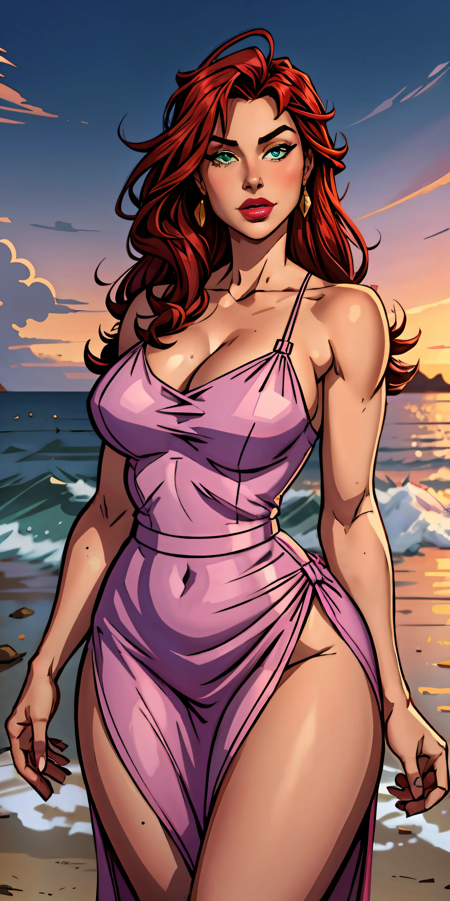 masterpiece, best quality, (1girl:1.1) , solo, looking at viewer, mature 35-year-old-woman, redhead, (asymmetrical long straight hair), (dark green eyes), alluring, (beautiful), (earrings) (chubby), (wide_hips:1.4, thick thighs:1.3, athletic legs 1.2), (pink lips) (long sundress in violet color), trending on ArtStation