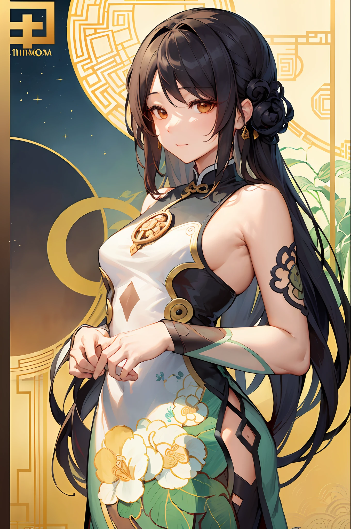 Anthropomorphism of oolong tea、Chinese Garden Frame、Decorative panel、abstract art、By Alphonse Mucha (masterpiece、top-quality、hight resolution: 1.4)、More about realism、intricate-detail、4K、color splashes、line-drawing、Fibonacci、