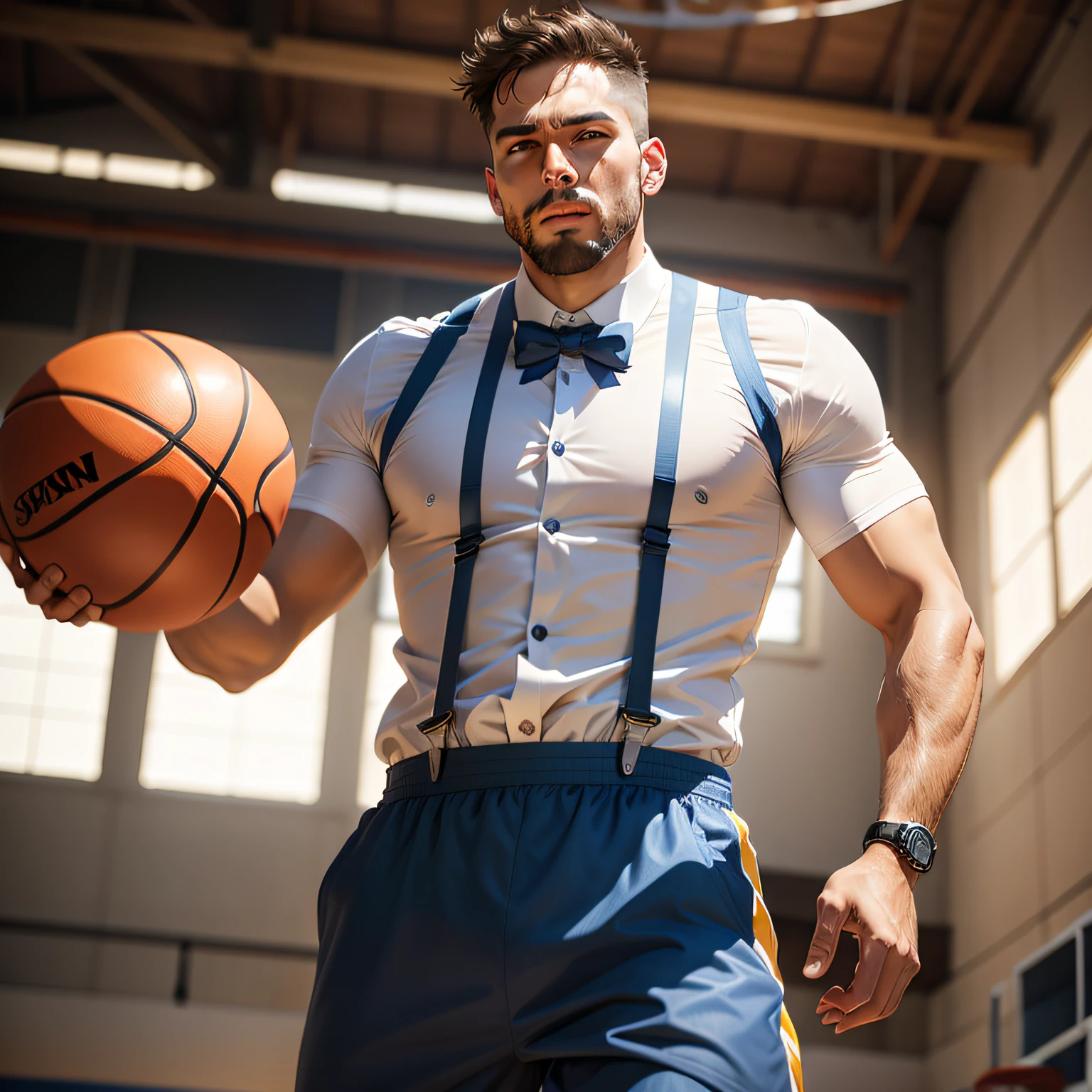 A man playing basketball in suspenders