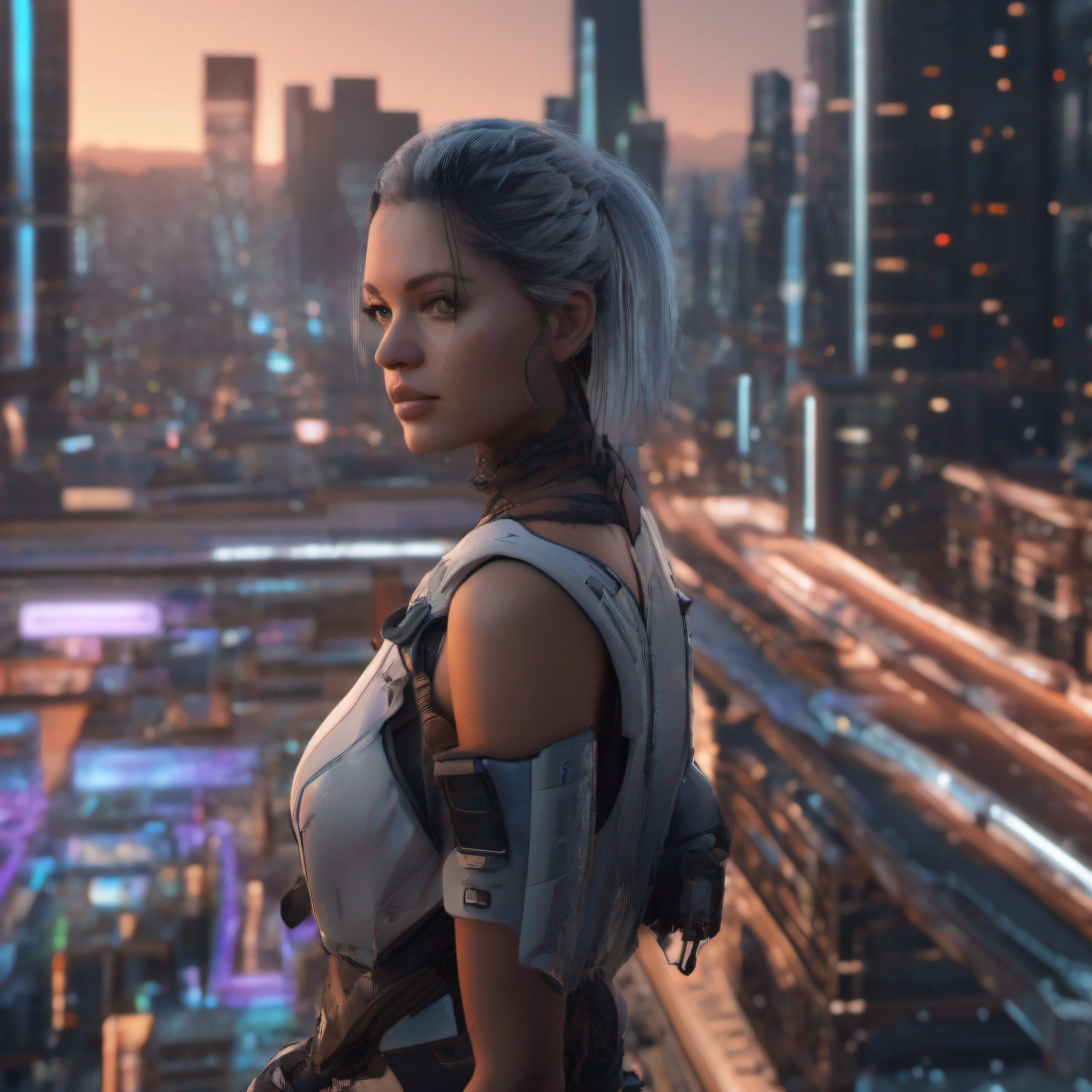 ((Best quality)), ((masterpiece)), (detailed:1.4), 3D, an image of a beautiful cyberpunk female,HDR (High Dynamic Range),Ray Tracing,NVIDIA RTX,Super-Resolution,Unreal 5,Subsurface scattering,PBR Texturing,Post-processing,Anisotropic Filtering,Depth-of-field,Maximum clarity and sharpness,Multi-layered textures,Albedo and Specular maps,Surface shading,Accurate simulation of light-material interaction,Perfect proportions,Octane Render,Two-tone lighting,Wide aperture,Low ISO,White balance,Rule of thirds,8K RAW, walking on a city rooftop, midnight, neon future city, city in 2099