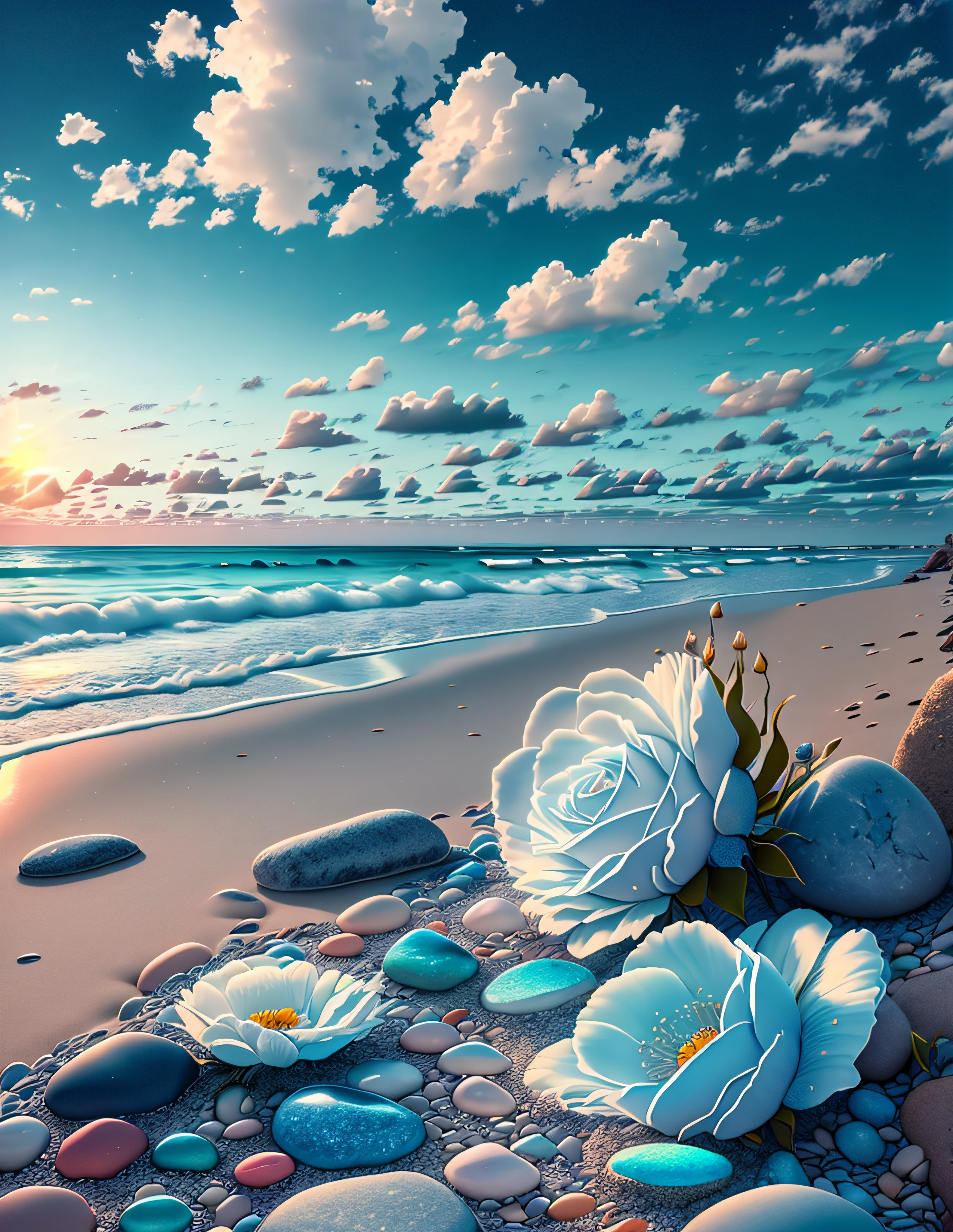 Exquisite scenes，depth of fields，8K，Blue sky，White clouds，The sun shines on the beach，There are many small colorful stones on the beach，Rose flower，