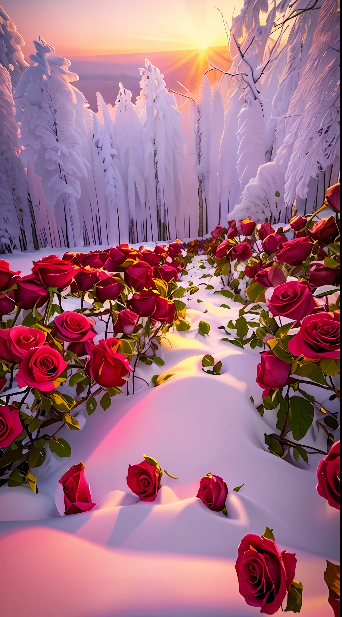 There are a lot of pink roses in the snow on the ground, Really beautiful nature, Beautiful nature, with frozen flowers around her, Beautiful photography, pink and red colors, very beautiful photograph of, big breasts beautiful!, beautiful winter area, Romantic!!!, marc adamus, stunning cinematography, rosette, roses in cinematic light, big breasts beautiful, rosses, warm beautiful scene