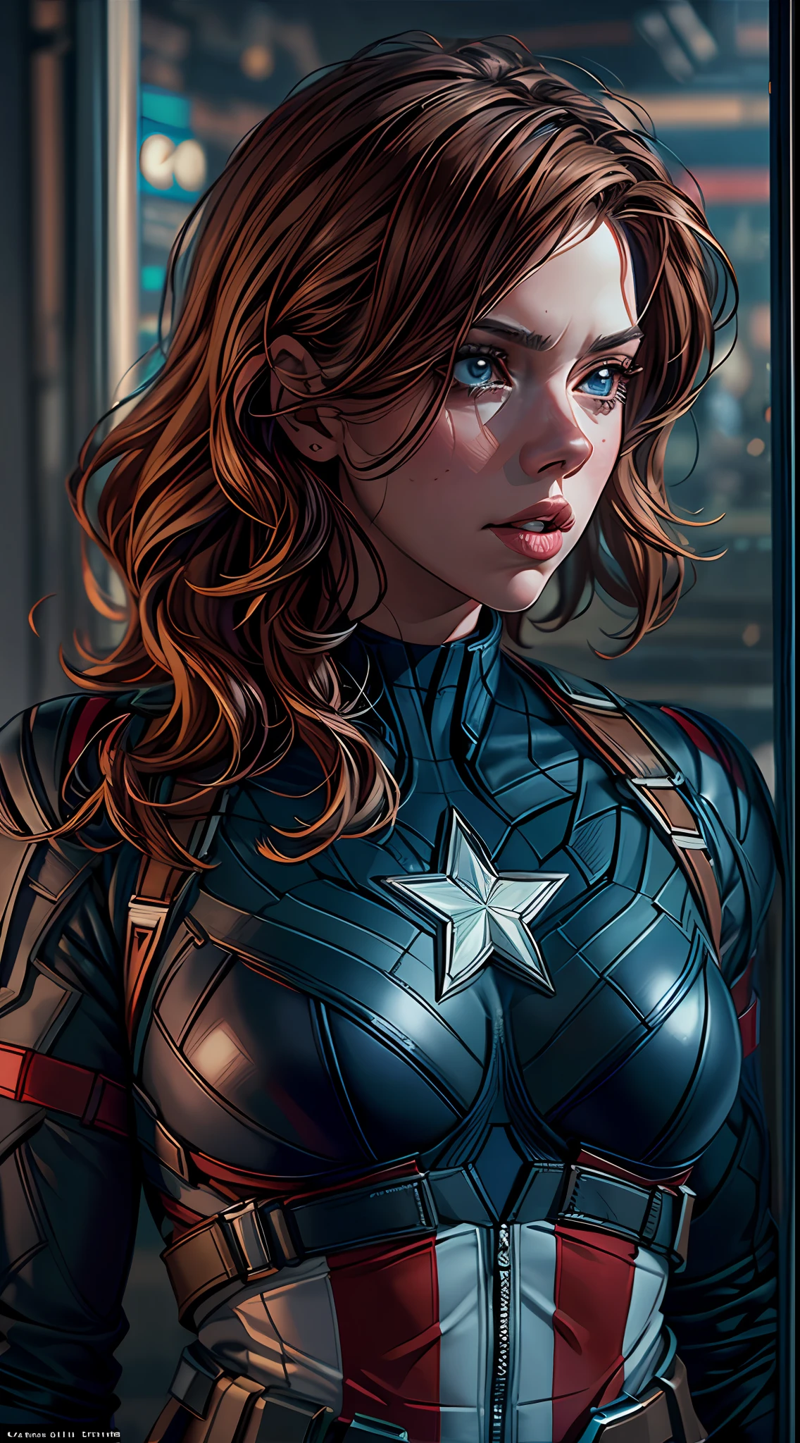 (RAW Photo, Best Quality), (Realistic, Photorealistic Photo: 1.3), Best Quality, Highly Detailed, Masterpiece, Ultra Detailed, Illustration, marvel cinematic universe, marvel, Captain America + Black Widow unique combination, Scarlett Johansson, Beautiful Natasha Romanova in captain america's blue and white colored costume without helmet of captain America, little smile, giving pose for photography, upper body, high detail on dress, Best Quality, Extremely Detailed CG Unified 8k Wallpaper, Ink, Amazing, badass look, portrait, close up (skin texture), intricately detailed, fine details, hyperdetailed.