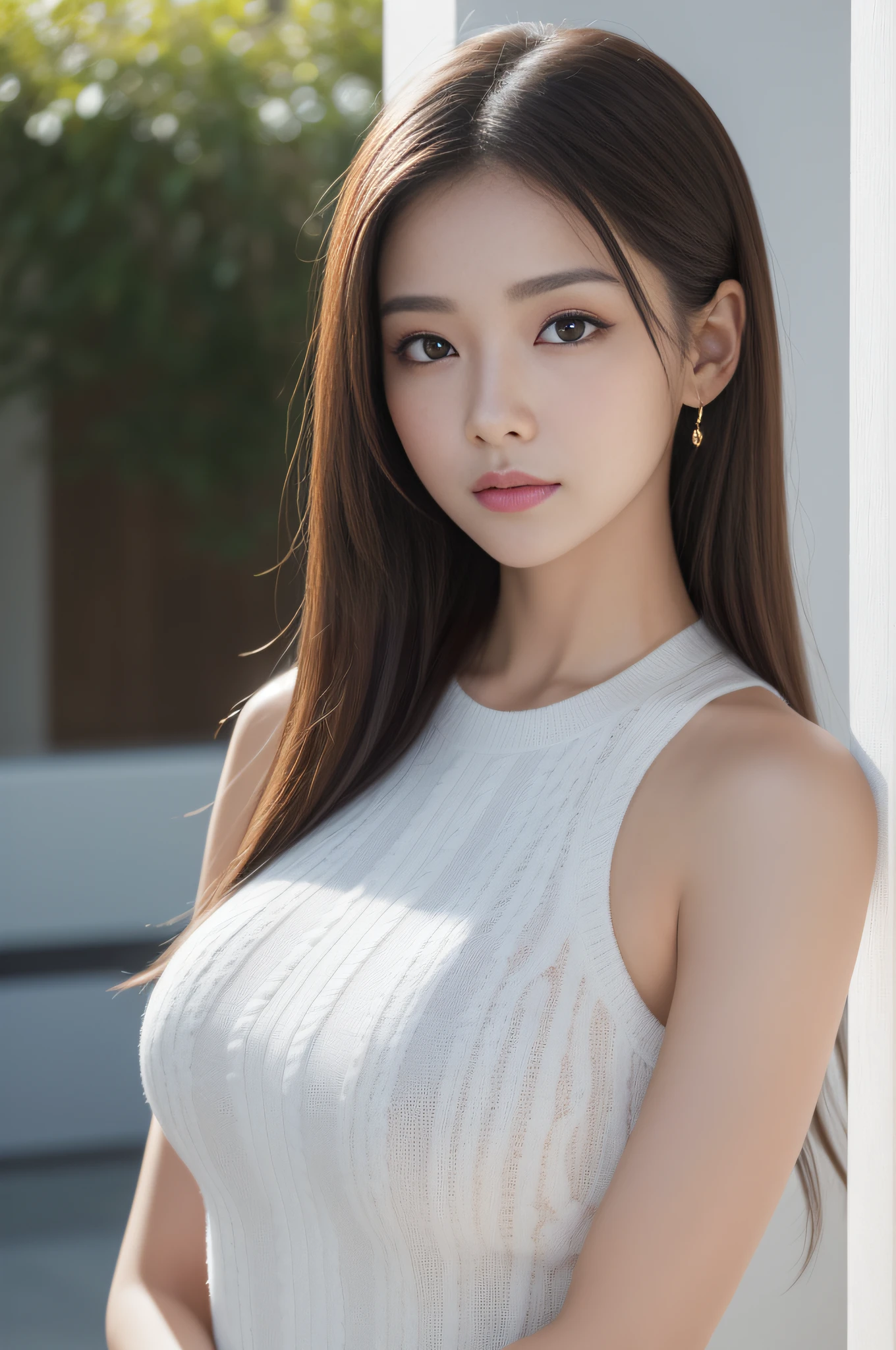 ((best qualtiy、8k masterpieces:1.3))、foco nítido:1.2、(ultra beautiful faces:1.0)、(shinny skin:1.0)、photos realistic、A dark-haired、Video Lighting、High-definition eyes and face、Video Lighting、(Korean Cute Actress)、from the front side、medium large breasts、ssmile、Sleeveless、Slender Abs Beauty、Wearing a tar neck knit