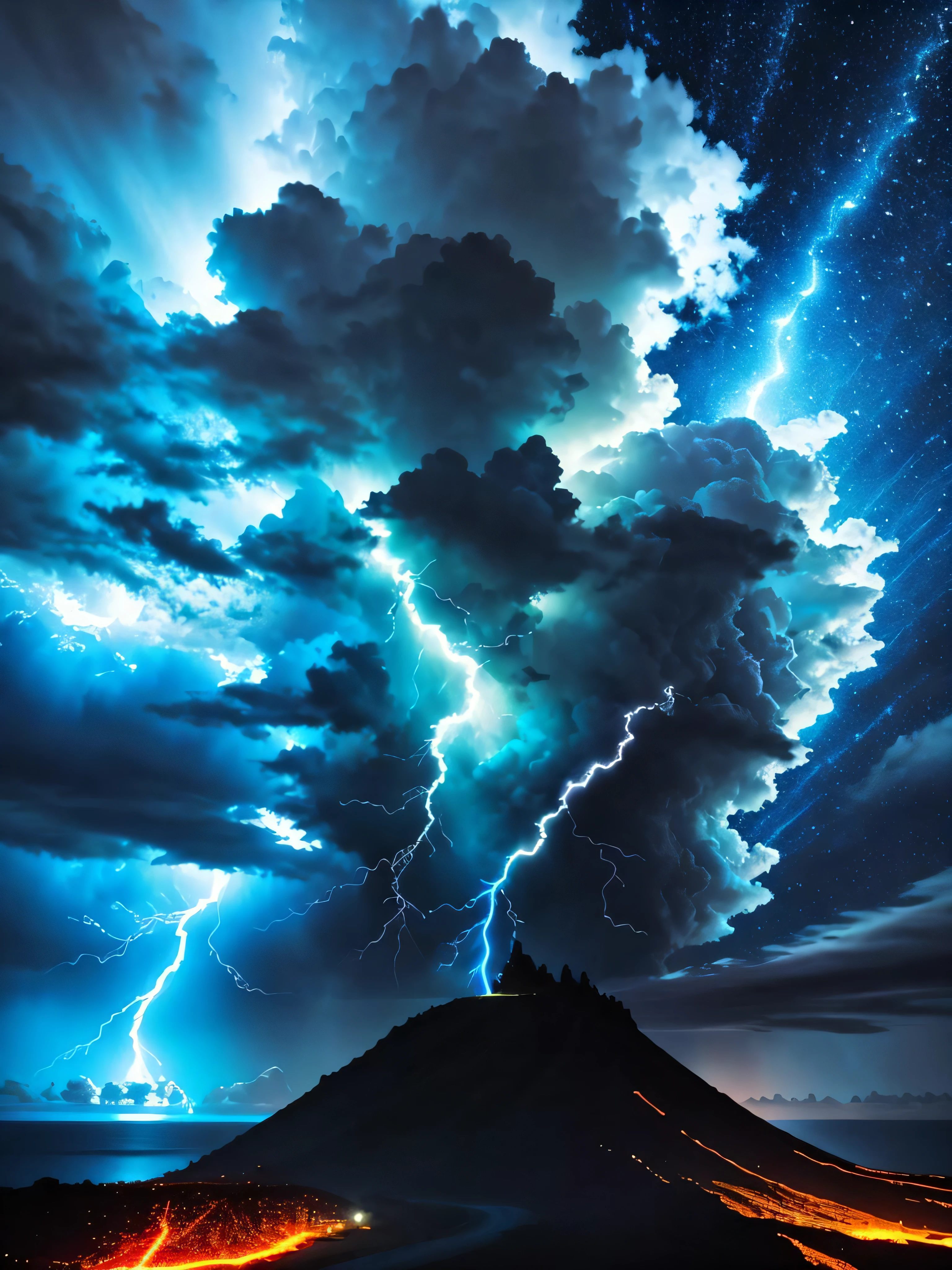 dramatic sky, blue lightning Style: masterpiece, best quality, 8k, sharp focus, realistic, ((Detailed)), ((Dynamic pose)), ((Good Highlights)), (Perfect Proportions), (dynamic), (intricate), (complimentary colors), good perspective, (Professional), (Award winning)
ADDCOMM
volcanic island background
Red flame, soft particles, explosion
BREAK
green flame, soft particles, explosion
BREAK
blue flame, soft particles, explosion
volcanic island background