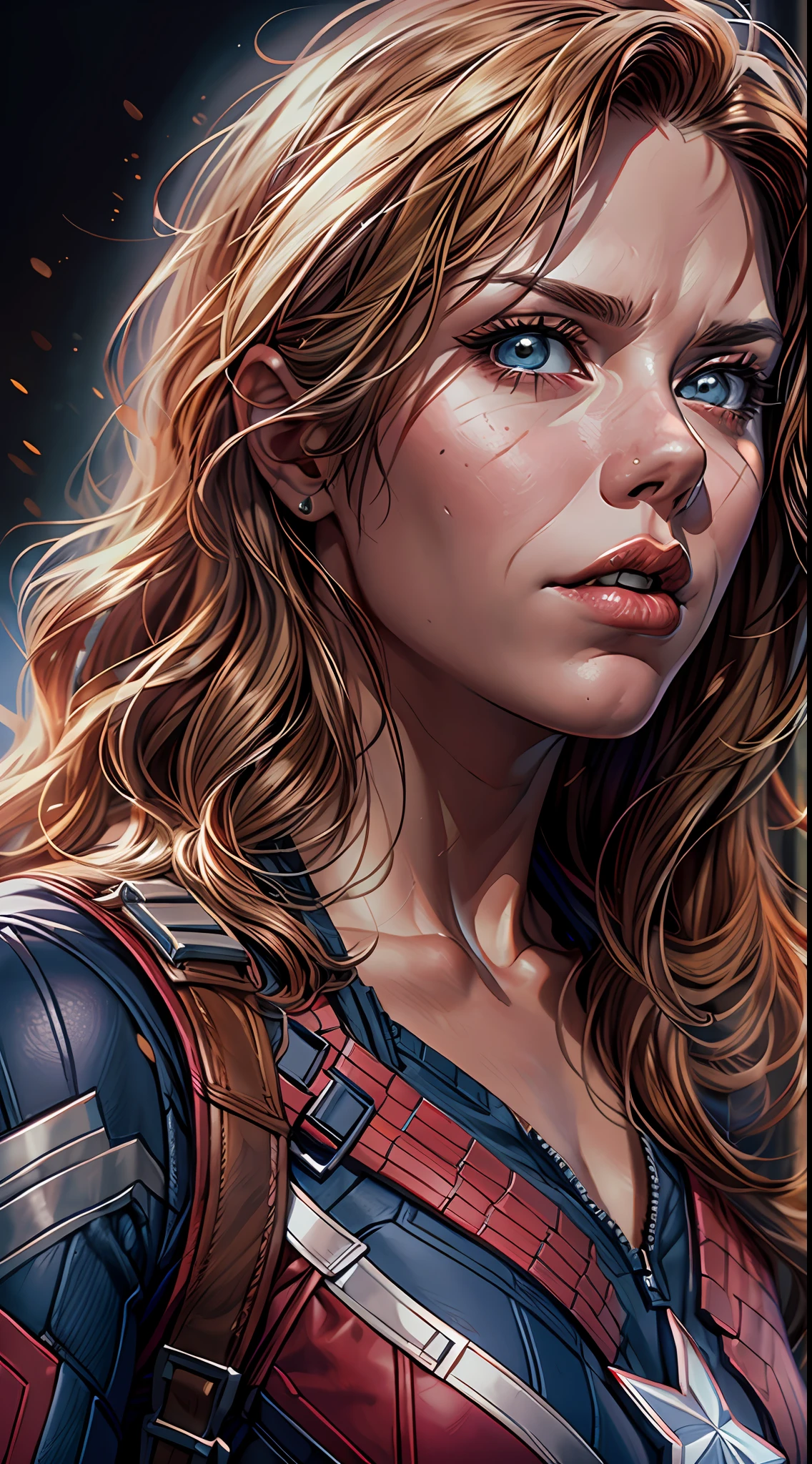 (RAW Photo, Best Quality), (Realistic, Photorealistic Photo: 1.3), Best Quality, Highly Detailed, Masterpiece, Ultra Detailed, Illustration, marvel cinematic universe, marvel, Captain America + Black Widow unique combination, Scarlett Johansson, Beautiful Natasha Romanova in captain america's blue and white colored costume without helmet of captain America, little smile, giving pose for photography, upper body, high detail on dress, Best Quality, Extremely Detailed CG Unified 8k Wallpaper, Ink, Amazing, badass look, portrait, close up (skin texture), intricately detailed, fine details, hyperdetailed.